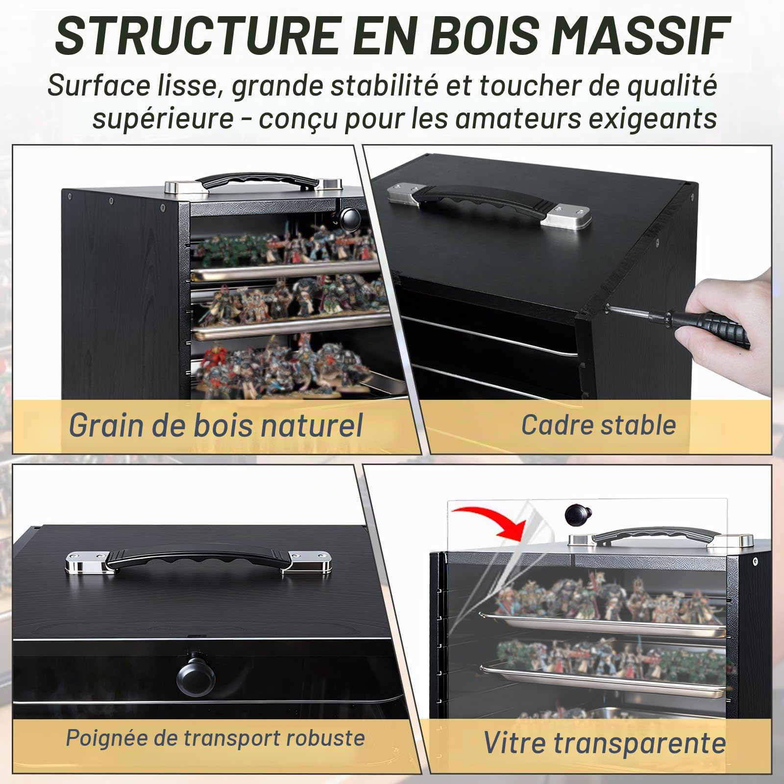 Mallette de transport miniature pour objets de collection, miniatures en bois - Mallette de rangement et de vitrine pour figurines et figurines d'action - Mallette de transport et d'affichage portable