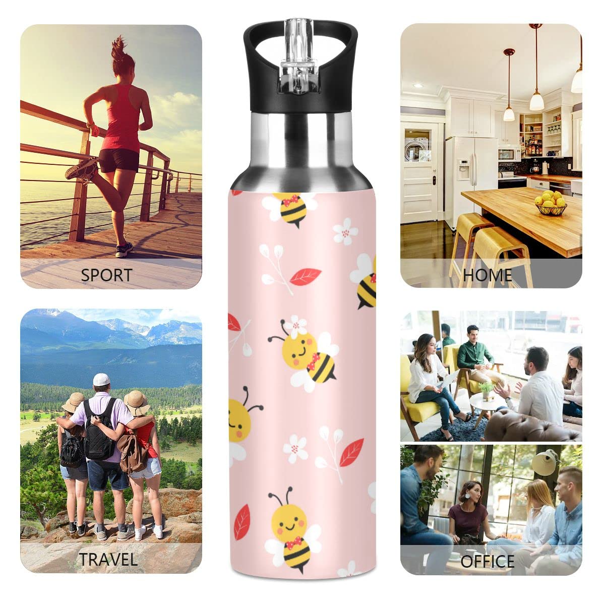 Edelstahl Wasserflasche mit Strohhalm, Bienenblumen auf rosa isolierte Trinkflasche Sport Wasserflasche für Kinder Erwachsene, auslaufsicher, 1L