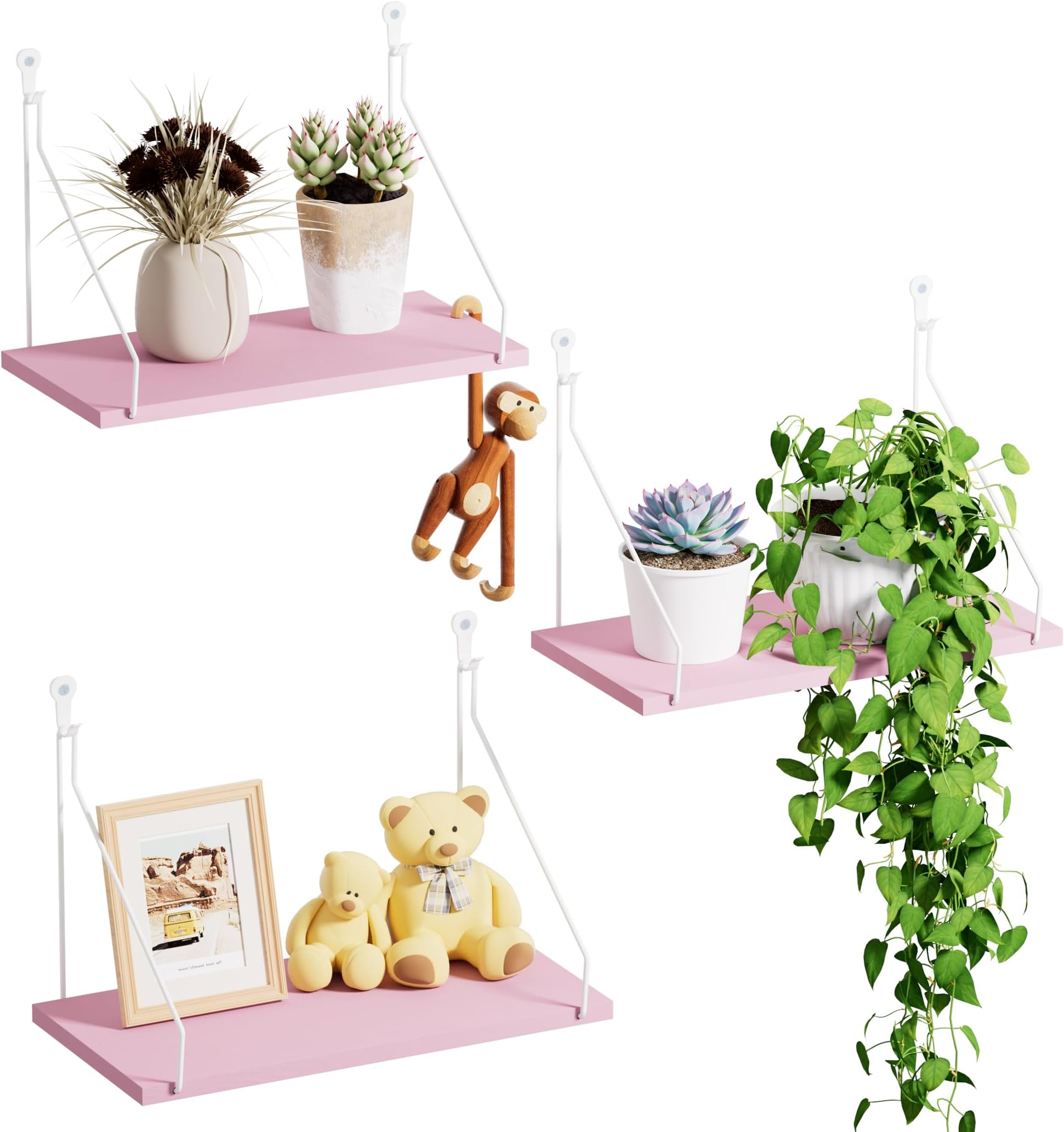 Elevate Your Space with Rustic Wood Floating Shelves Set of 3- Perfect for Bedroom, Living Room, Bathroom, and Kitchen Decor - Easy Installation, No Drilling Needed!