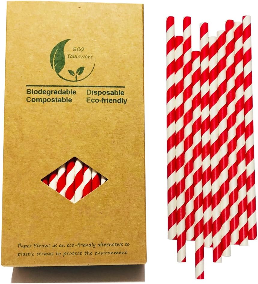100% Biodegradable Red and White Straws, 197×6mm Disposable Red Striped Paper Drinking Straws Bulk 100 for Christmas Birthday Party Decoration, Coca Cola, Daily Use