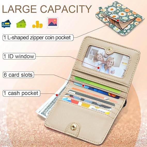 APHISON Purses for Women Small Wallet with Zipper RFID Blocking Slim Vegan Leather Wallet Bifold Card Holder Coin Pocket Ladies Purse with ID Window Daisy