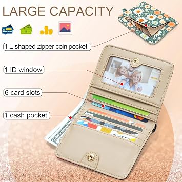 APHISON Purses for Women Small Wallet with Zipper RFID Blocking Slim Vegan Leather Wallet Bifold Card Holder Coin Pocket Ladies Purse with ID Window Daisy