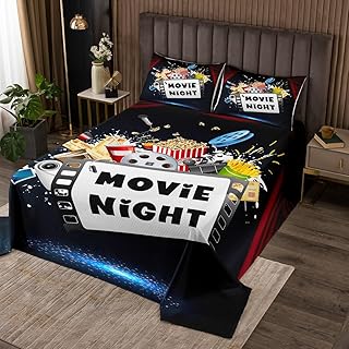 Erosebridal Movie Night Quilt Set Queen Size for Boys Girls Family Home Theater Decor Bedspread Set Movie Lover Movie Theater Theme Coverlet Set Movie Theater Decor Film Theme Bed Set 3 Pcs