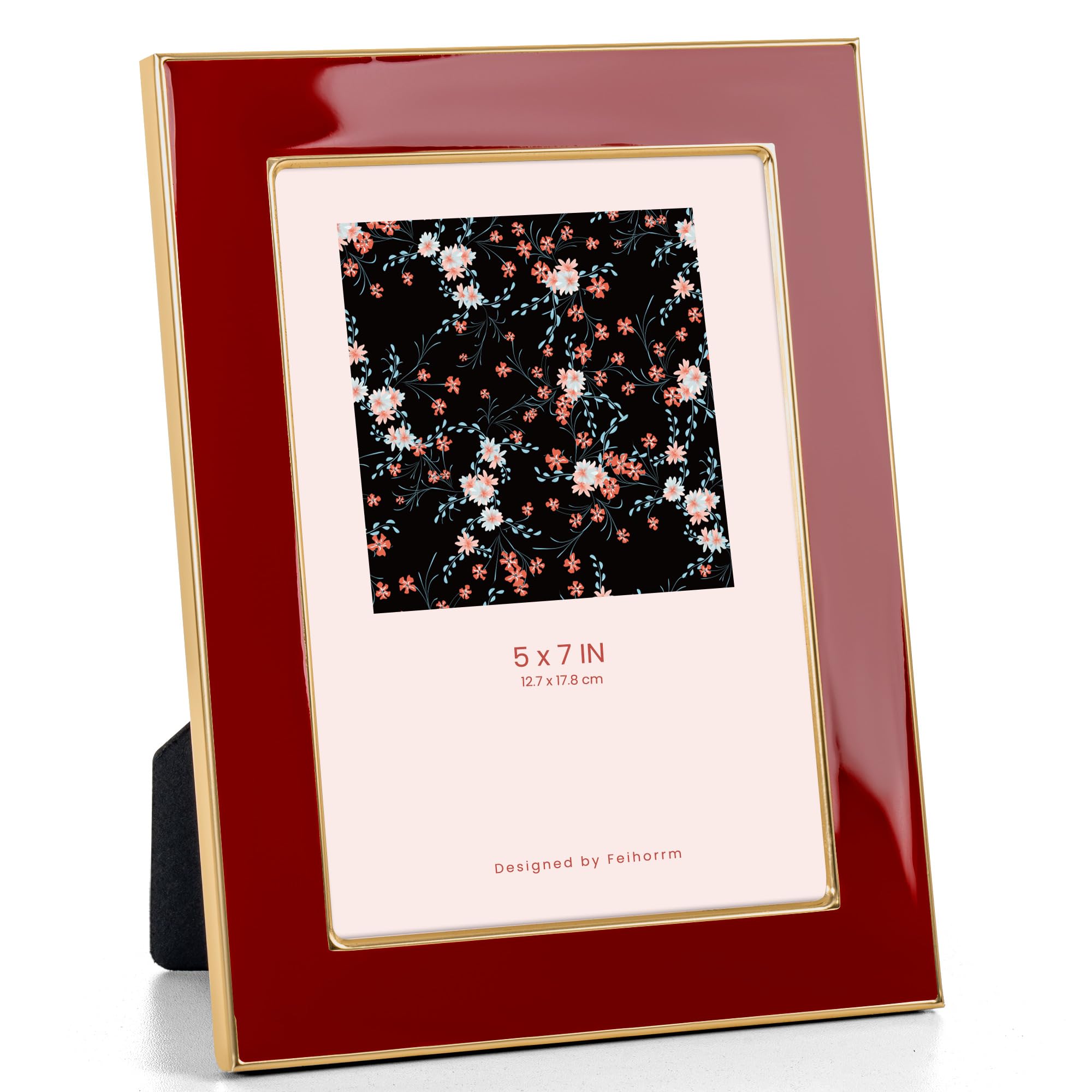 Feihorrm Photo Frame 7x5, Red Enamel Frame with Gold Metal Edge, HD Tempered Glass Picture Frame, Vertical & Horizontal Display, Tabletop & Wall Mount Decor