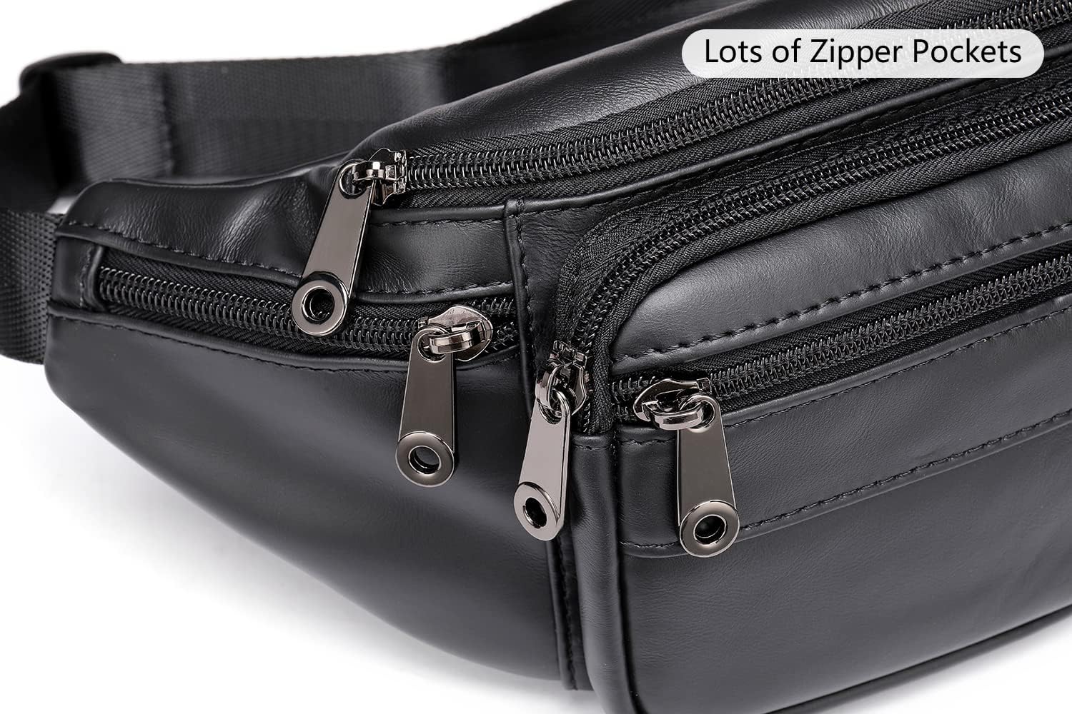 Genuine Leather Fanny Pack HandMade Durable cowhide Waist Bag Lots of Anti-theft zipper pocket Black - Image 7