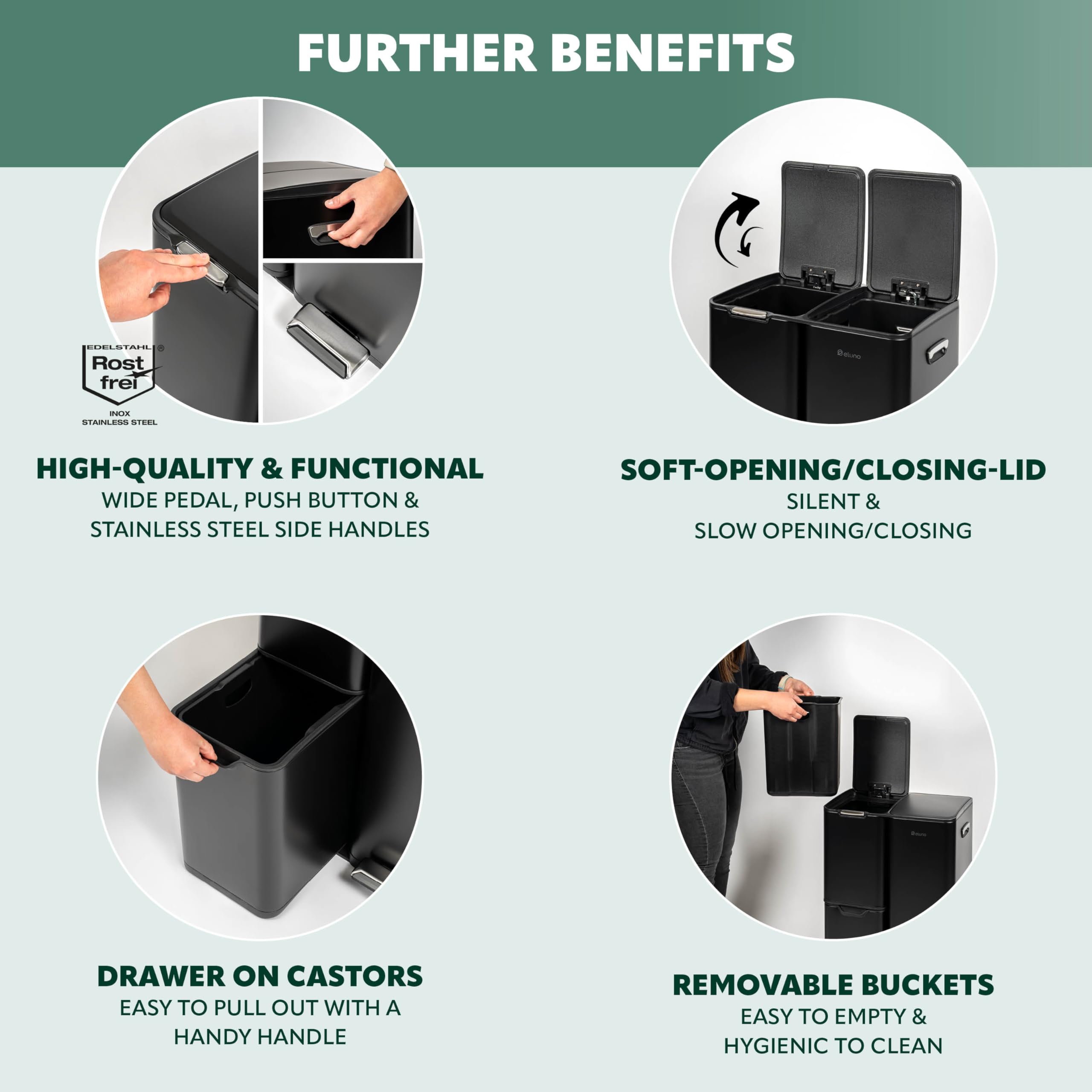 eluno Kosz na śmieci o pojemności ok. 54 l, kosz z pedałem z 3 pojemnikami dla optymalnej segregacji śmieci, wyjmowany kosz wewnętrzny z tworzywa sztucznego, system segregacji śmieci, z metalu (czarny