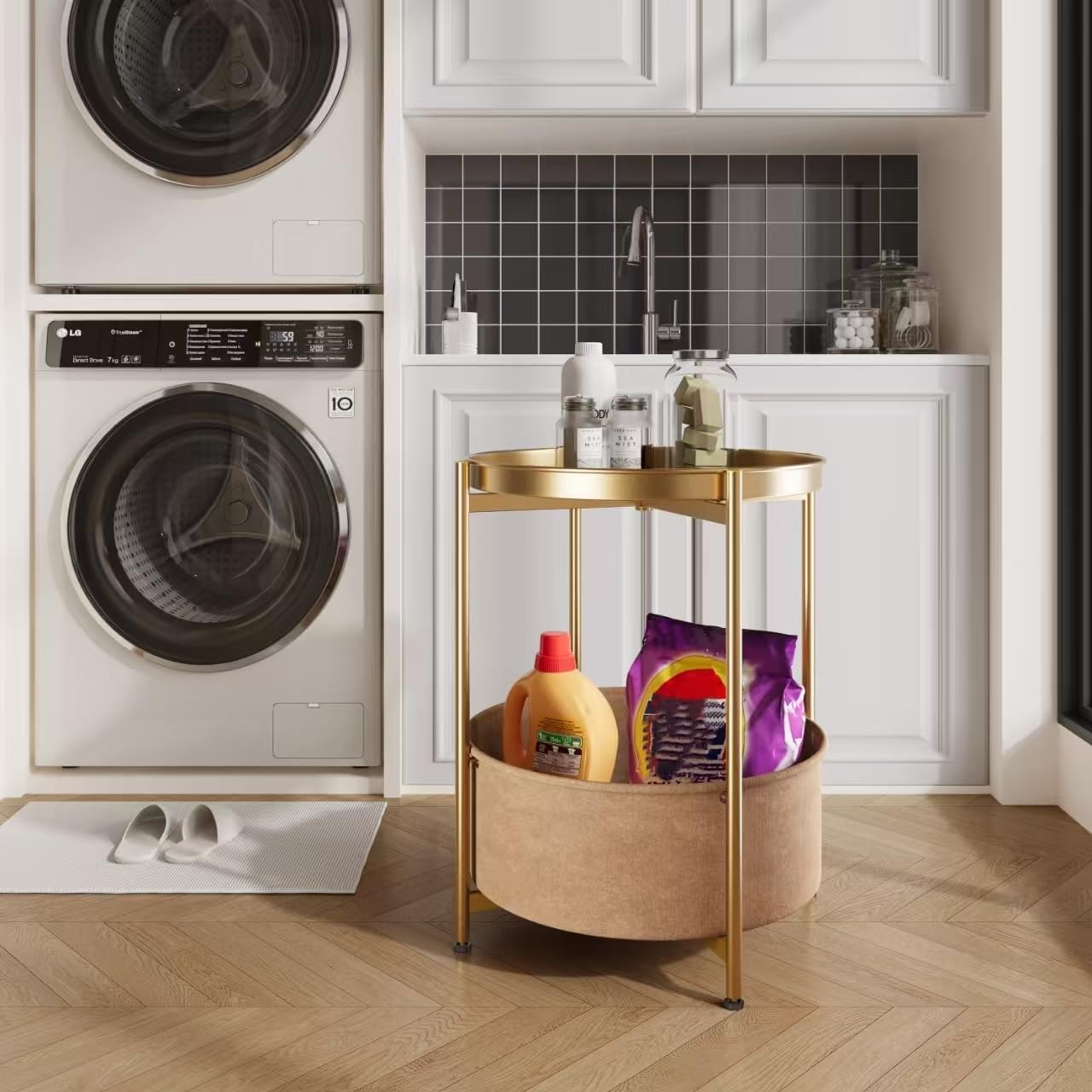 Gold Side Table, Champagne Gold End Table, Small Gold Side Table, Round Kids Nightstand with Basket, Accent Table for Living Room, Bedroom, Nursery