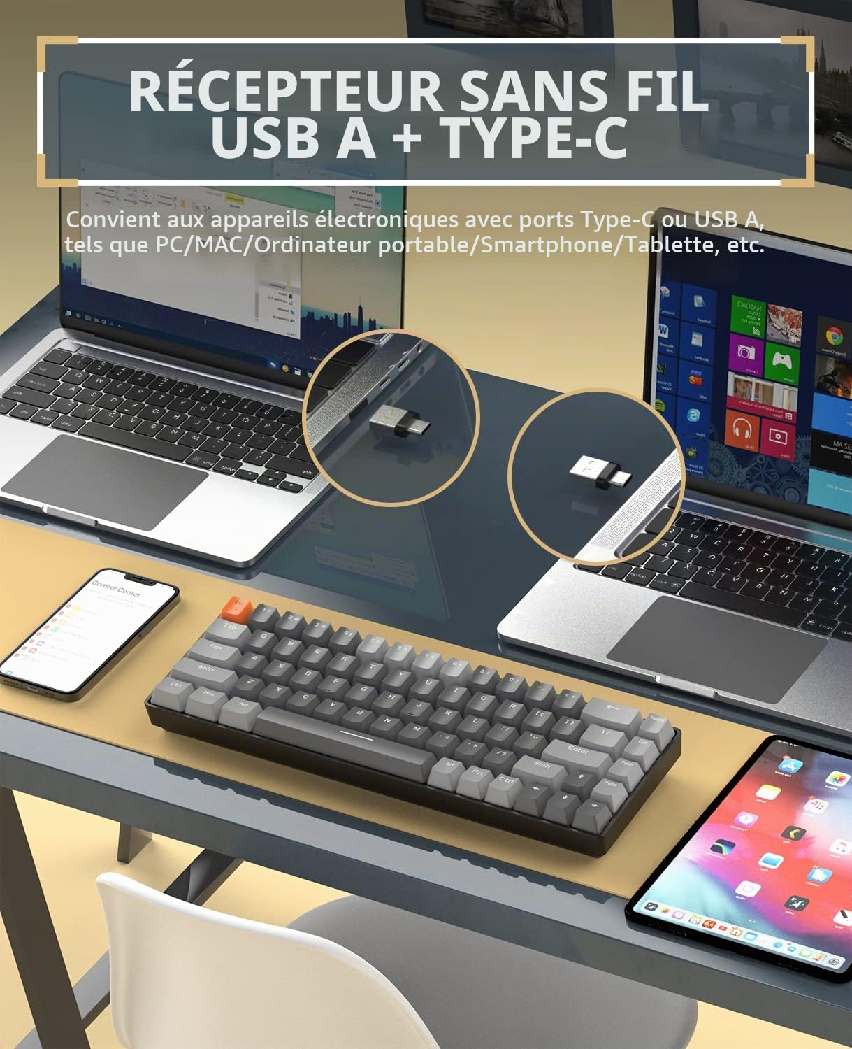 MAGIC-REFINER RK68 Clavier Gamer sans Fil, Clavier Mecanique Gaming 60%, Apex Pro Mini Double Mode Bluetooth 5.0/2.4Ghz Hot Swappable Interrupteur Rouge avec Récepteur 2 en 1 pour PC/Mac/Tablette
