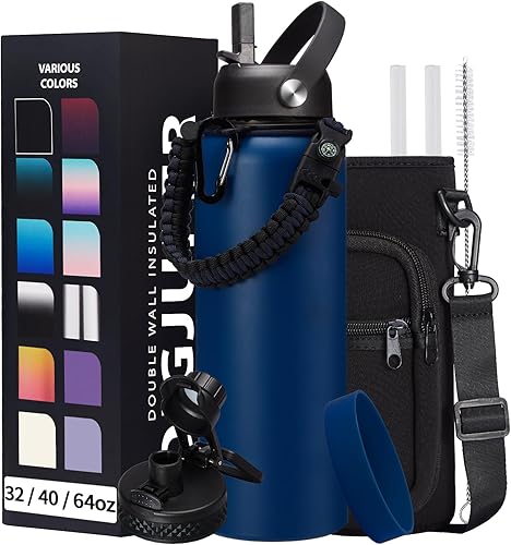 Miniatura 24 de Botella de agua de acero inoxidable aislada al vacío de 40 onzas, mantiene frío 48 h y caliente 24 h, tapa de pajilla y boquilla, funda de Verde