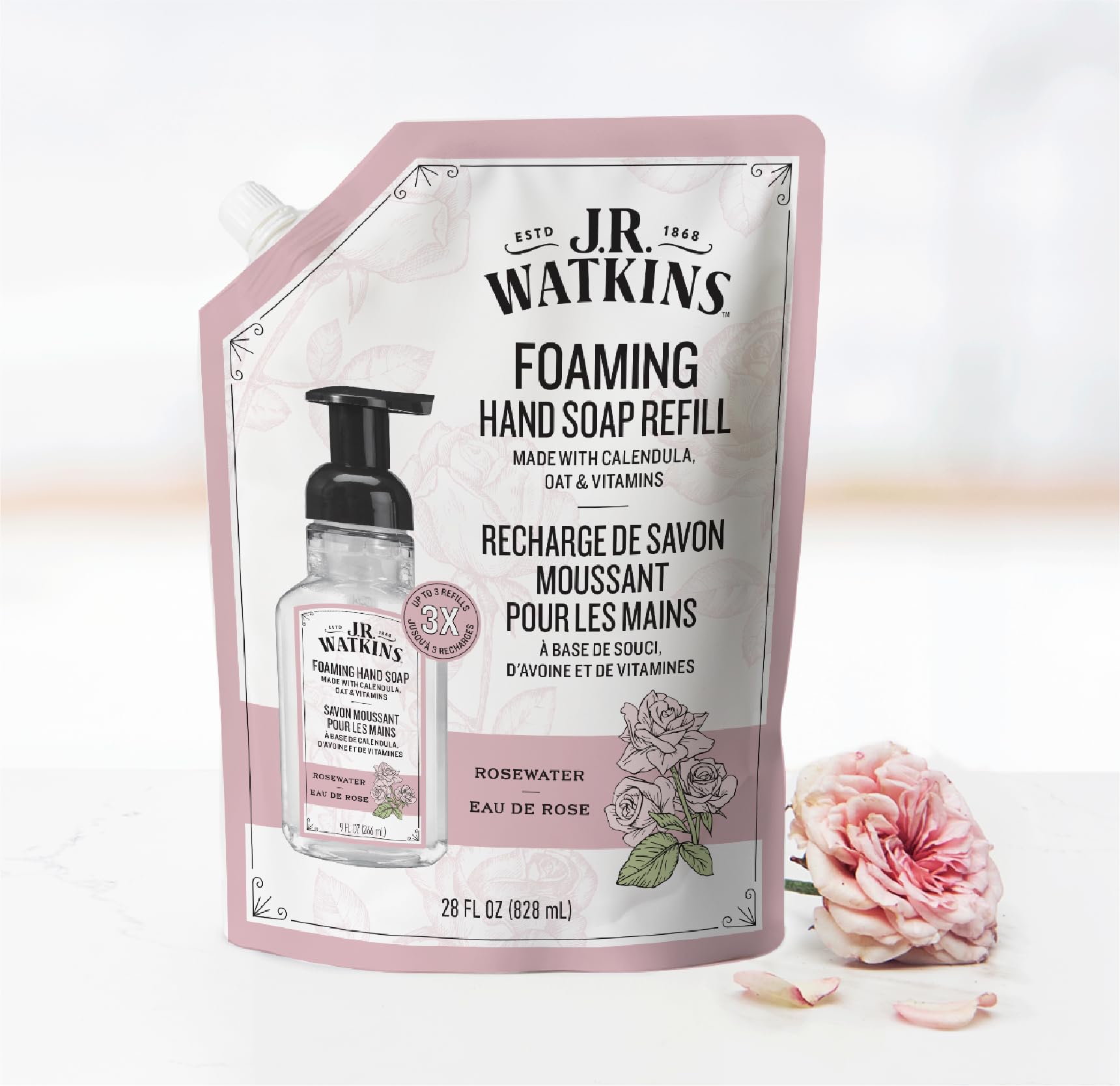 J.R. Watkins Foaming Hand Soap Refill, Moisturizing Foam Hand Wash, Formulated with Plant-Based Cleansers, Alcohol-Free, Cruelty-Free, Rosewater, 28 fl oz