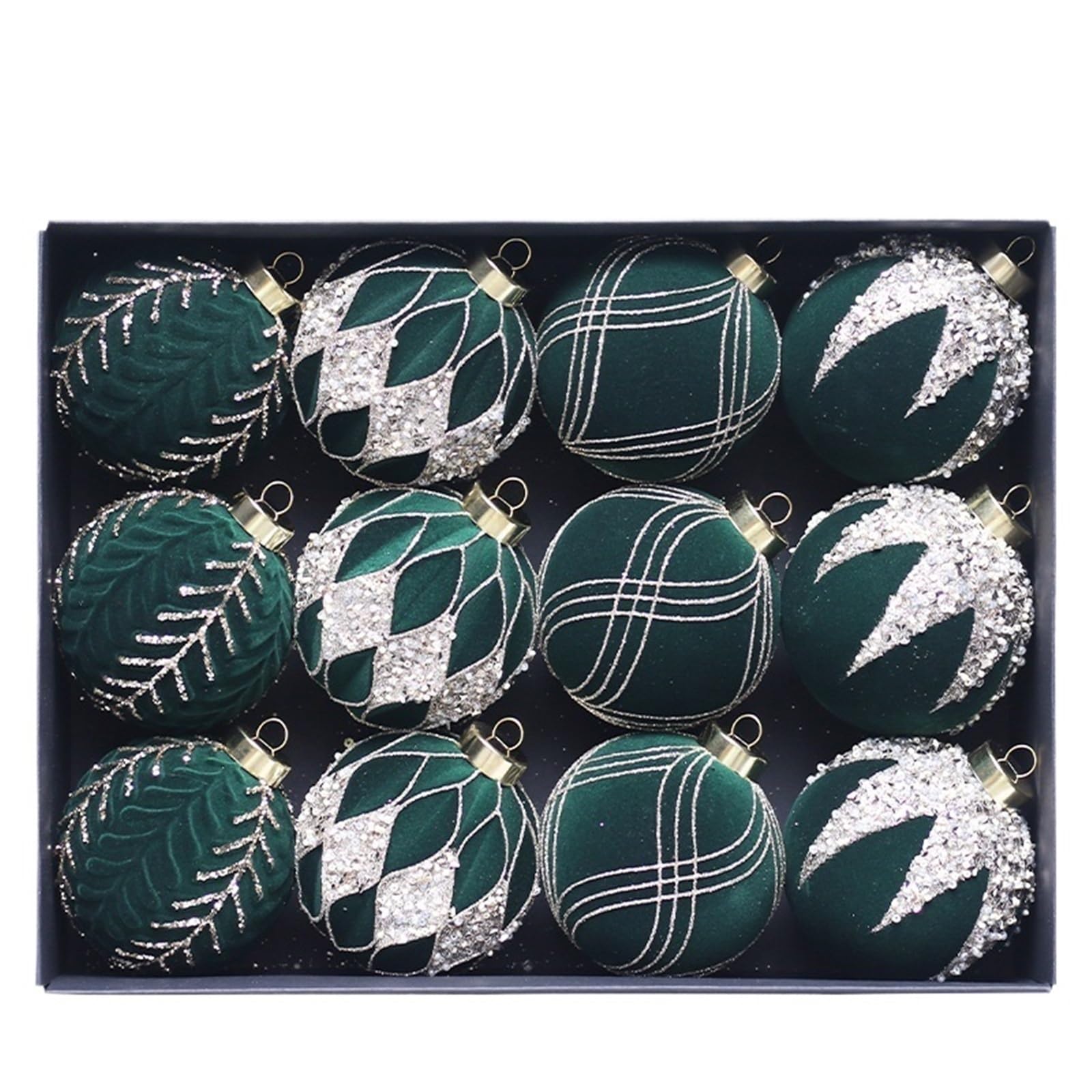 Boule de Noel Decoration Lot de 12 Boules de Noël en Velours floquées Vertes incassables, décoration d'arbre de 80 mm, Boule Suspendue for fête et Mariage(Style-5)