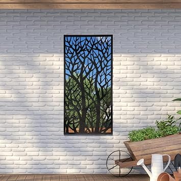 MirrorOutlet Metal Garden Screen Mirror Extra Large Tree Effect, Black, 120 x 60 cm