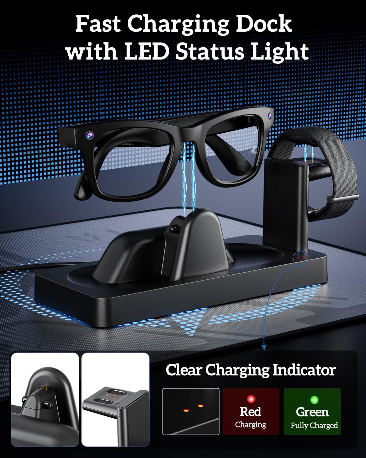 Charging Dock for Meta Ray-Ban Display Smart Glasses & Meta Neural Band, 2-in-1 Fast Charging Station with Anti-Slip Stable Base, LED Indicator, USB Output & Type-C Input, Smart Glasses Charger Stand