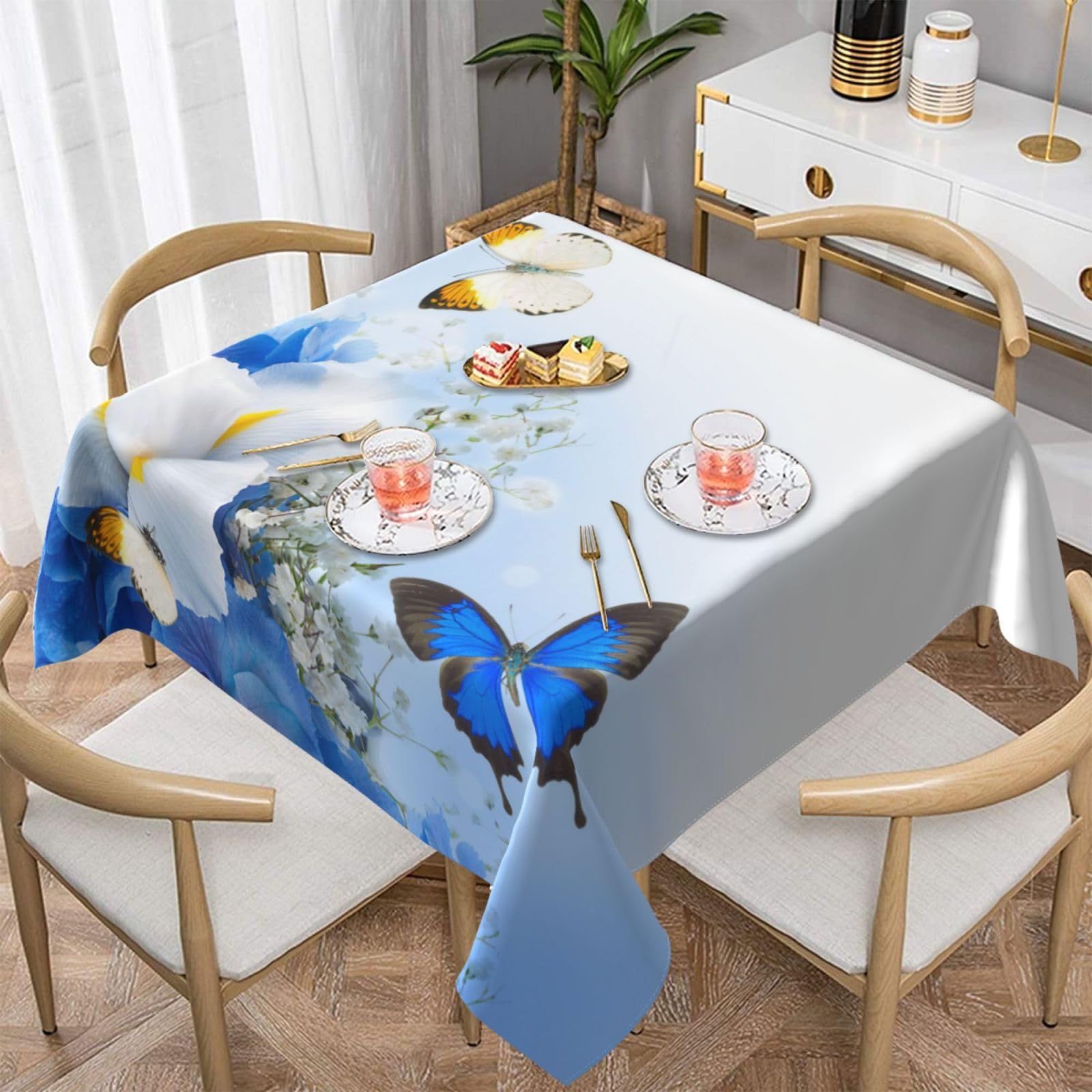 DCEHGEW Flowers and Butterfly Prints Square Tablecloth 152x152 CM, Waterproof Fabric Table Cloth for Dining Table, Farmhouse Table Cover for Kitchen Dining Tabletop Decoration