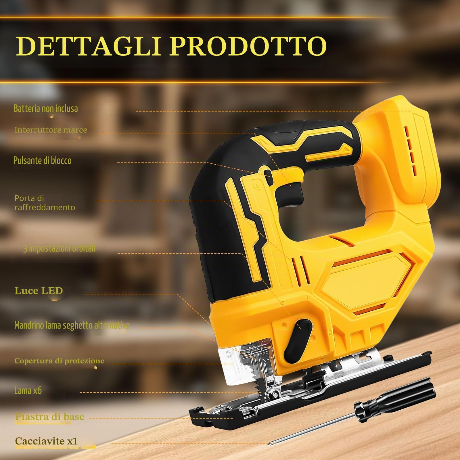 Sega elettrica senza fili per DEWALT, seghetto alternativo 400W 2700RPM con taglio smussato a 45°, 3 impostazioni orbitali con 6 lame di ricambio per metallo, PVC, compensato, PVC (per DEWALT)