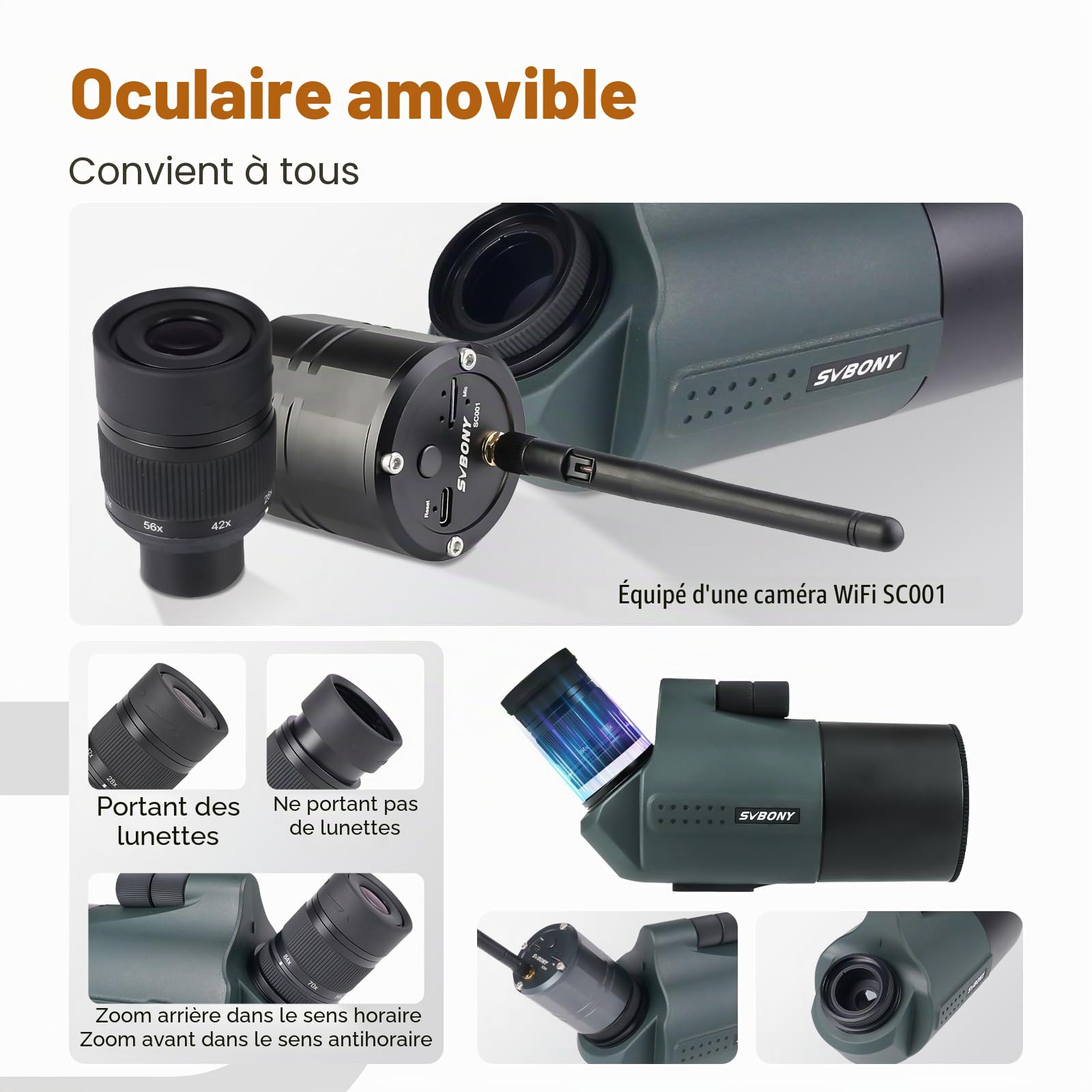 Svbony SV41Pro Mak Longue Vue avec Trépied et SC001 WiFi Caméra, 28-84X80 FMC Mise au Point à Double Vitesse, Longue Vue Puissante pour Le Tir Sportif et la Chasse, Observation des Oiseaux