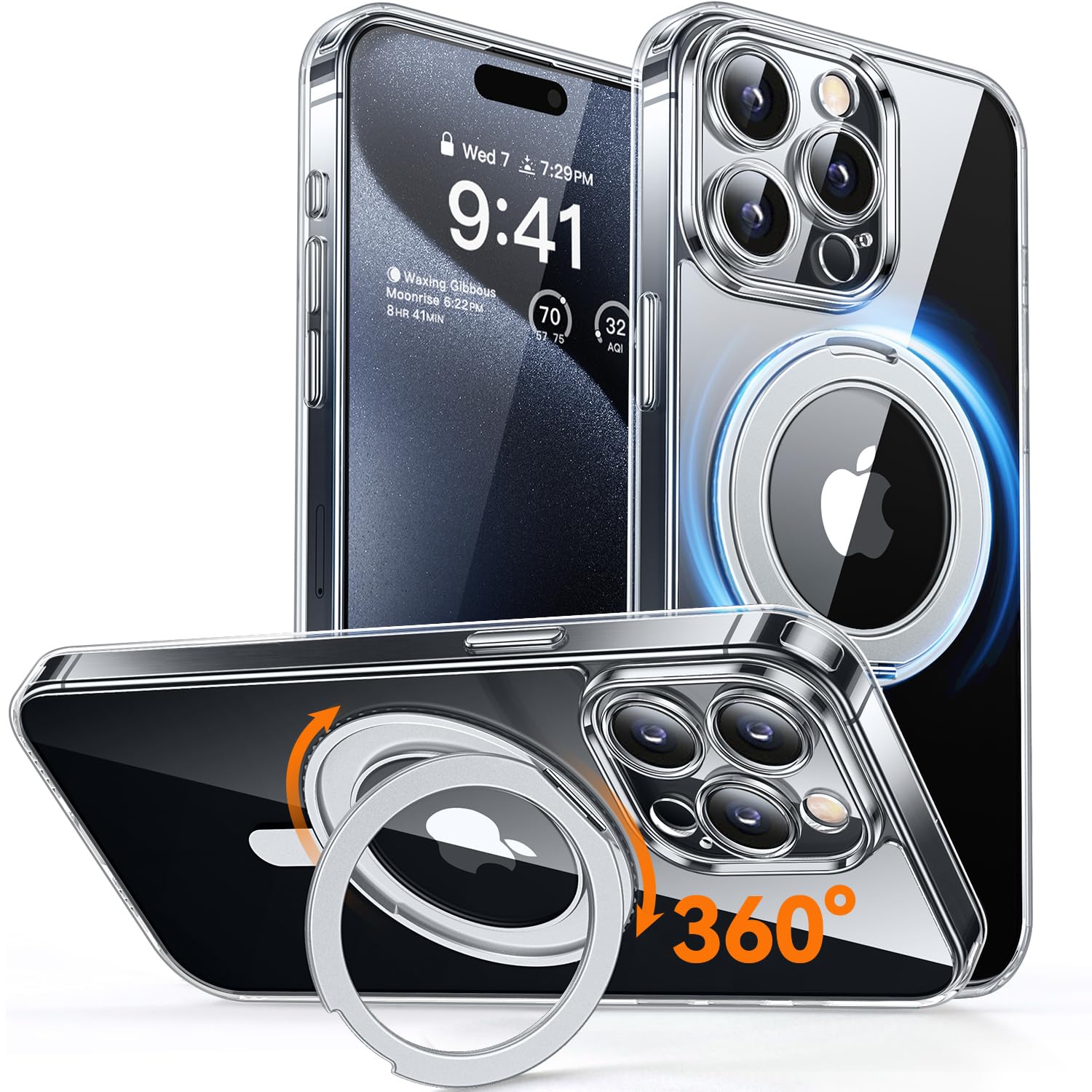 CANSHN 360° Spin Magnetic Stand for iPhone 15 Pro Max Case [Full Camera Protection] [Compatible with Magsafe] Non-Yellowing Shockproof Protective Kickstand Phone Cover 6.7" - Clear