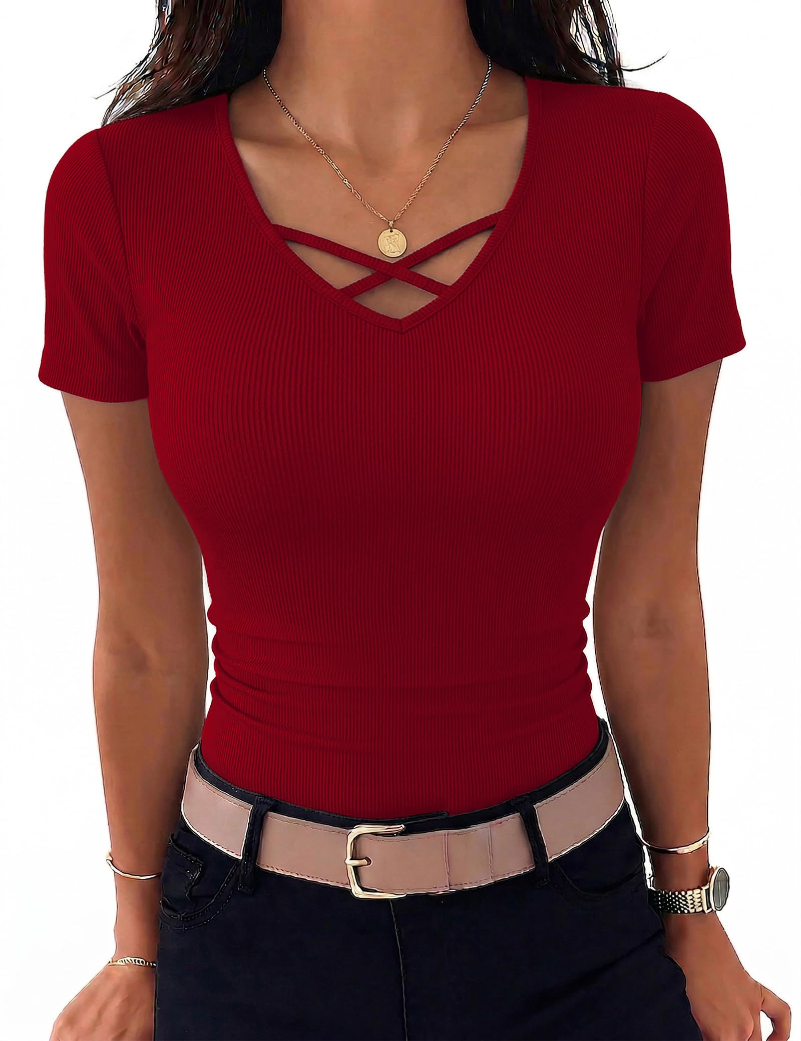 Aottori Tshirt Damen V-Ausschnitt Kurzarm Sommer T-Shirt Basic Gerippt Oberteile Stretch Elegant Top Einfarbig Slim Fit Tee Shirts