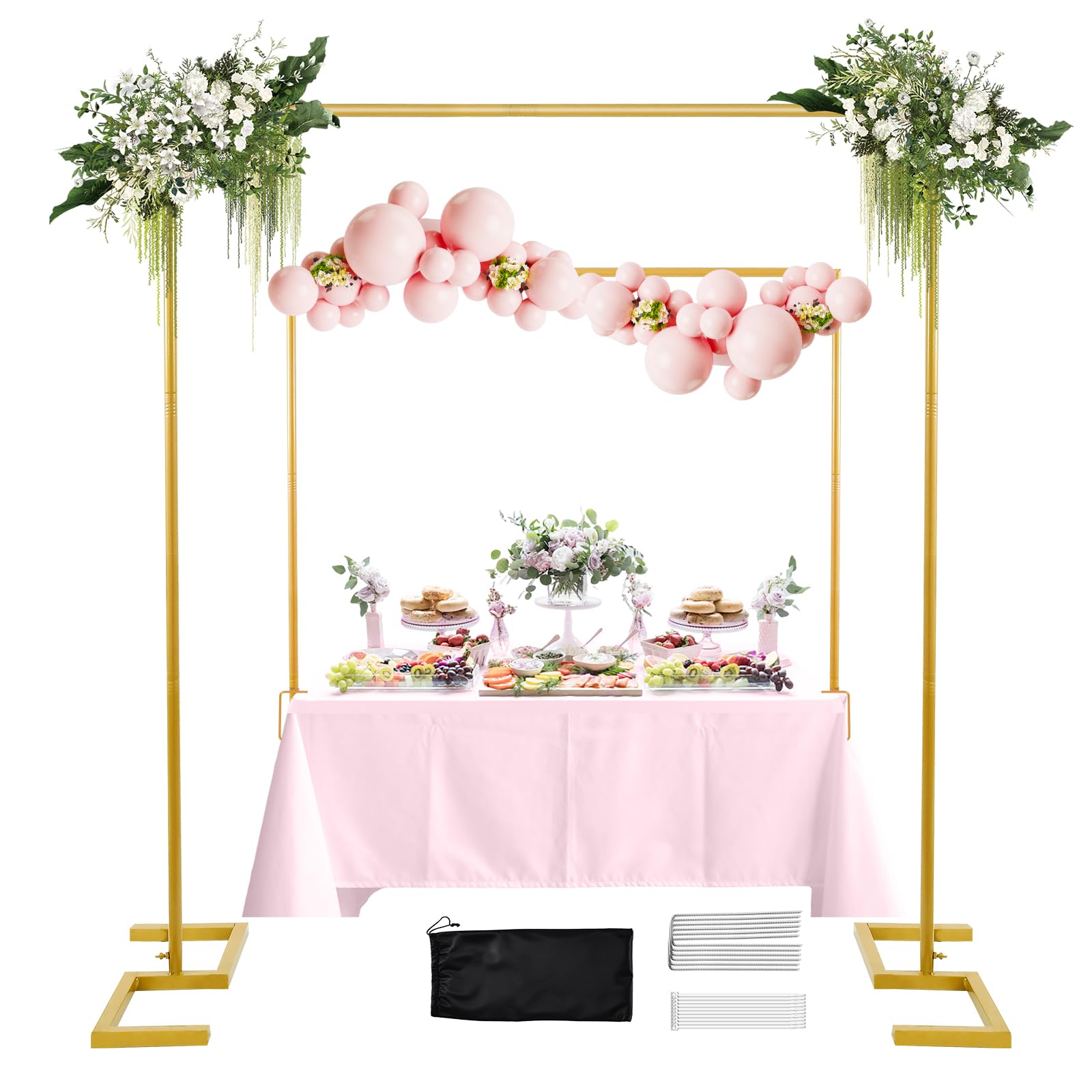Photo 1 of 8.2FT Square Arch Backdrop Stand,Metal Gold Backdrop Stand Heavy Duty Adjustable,Extra 2 Clamps Change Over The Table Rod Stand,Wedding Balloon Arch Stand for Valentine Parties Decoration