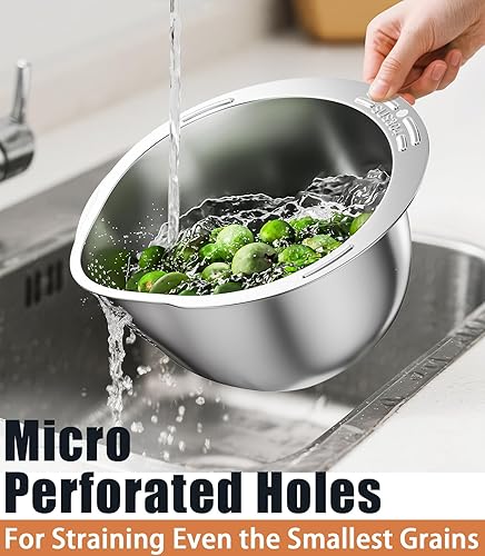 Miniatura 5 de ESOW Juego de coladores de acero inoxidable, cuenco colador para lavadora de arroz con rallador, multiuso para almacenamiento de alimentos, drenaje