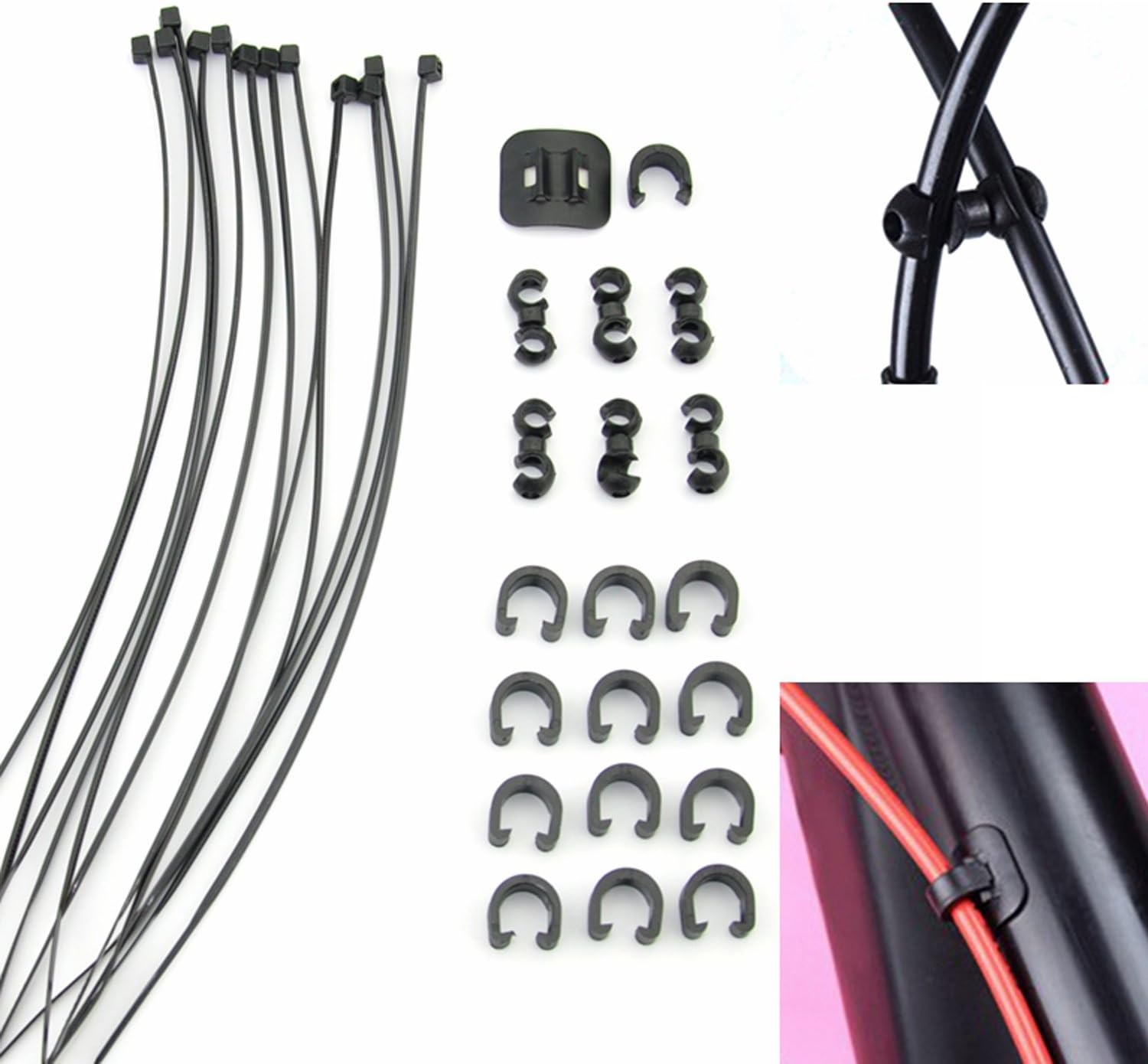 Bike Cable Collector Suit Shift Cable Housing Set Holder Cable Fix Tool for Shift/ Brake Cable Include Rotating S-Hook C-Clip Housing/Hose Guide Alloy Stick-On Guides C-Clips Nylon Cable Ties 32Pcs