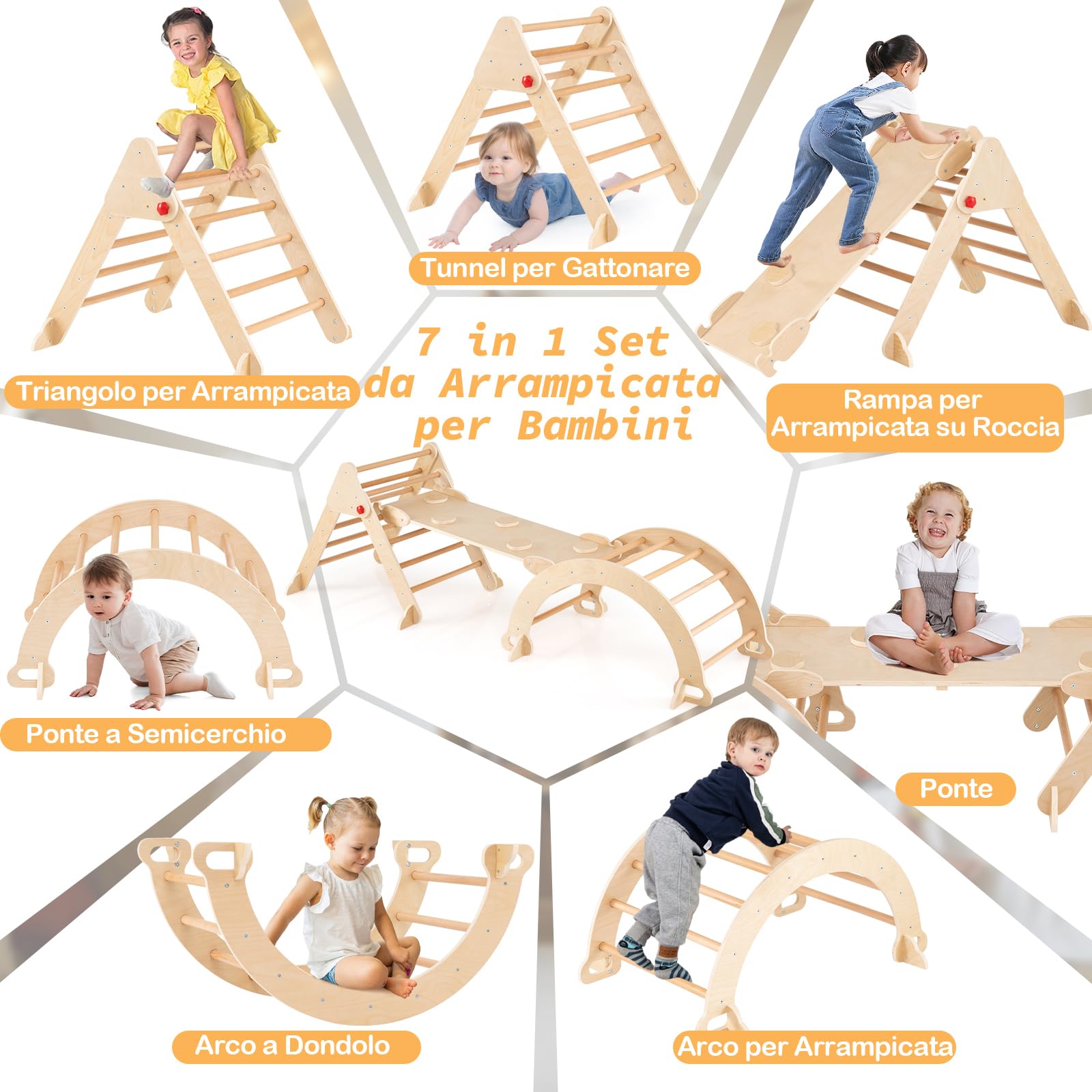COSTWAY 7 in 1 Set da Arrampicata per Bambini, Giochi Montessori in Legno con Arco, Rampe e Triangolo Pieghevole, Giocattoli da Arrampicata per Bambini 3 Anni+