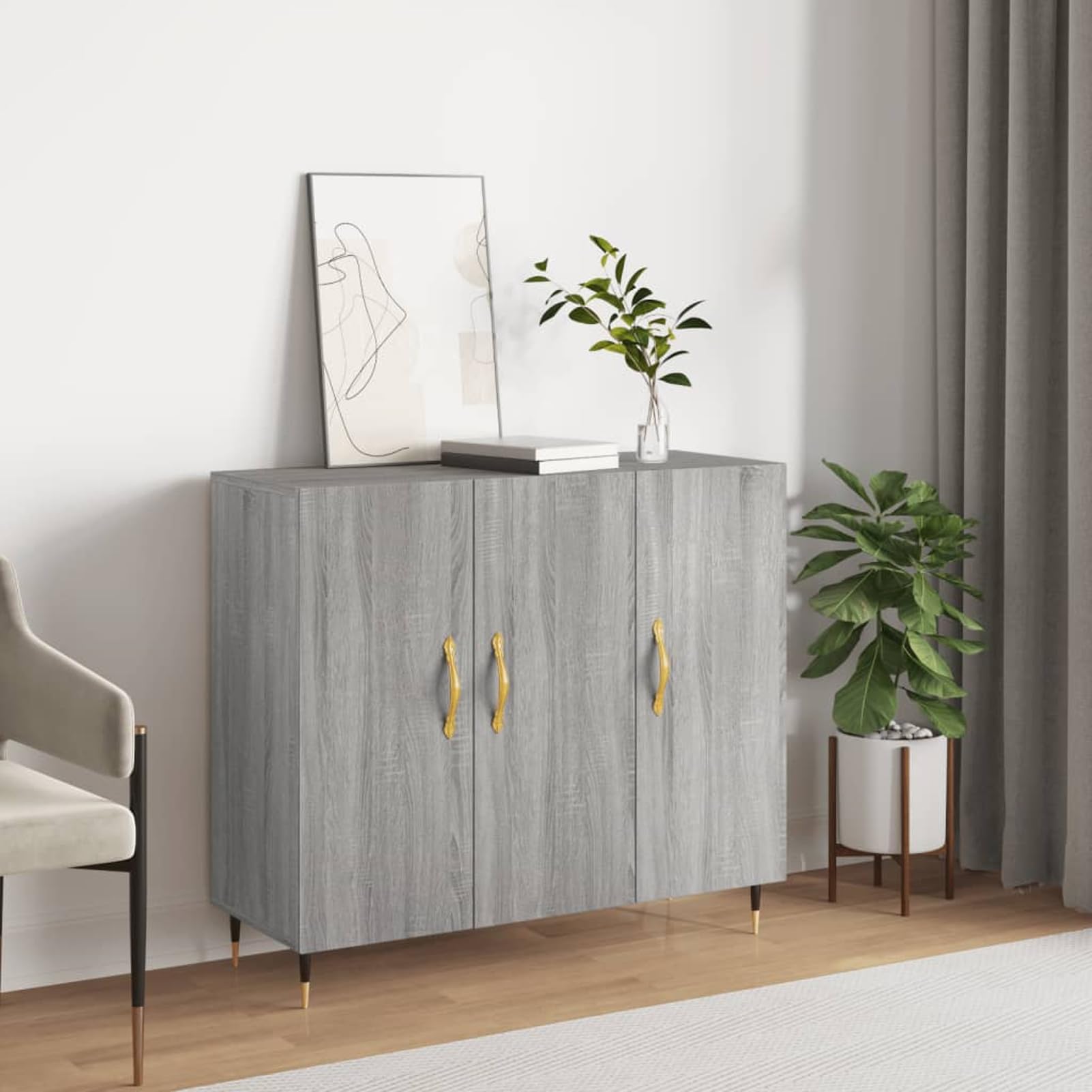 Credenza 90 x 34 x 80 cm, grigio Sonoma, in legno e metallo, pratico mobile con ante per riporre in ordine