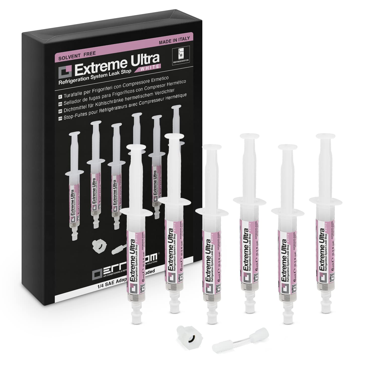 ERRECOM Extreme Ultra White - 6 x 6 ml, Turafalle per Frigoriferi con compressore ermetico e con R600 - R290 – R134a, include adattatore 1/4 SAE