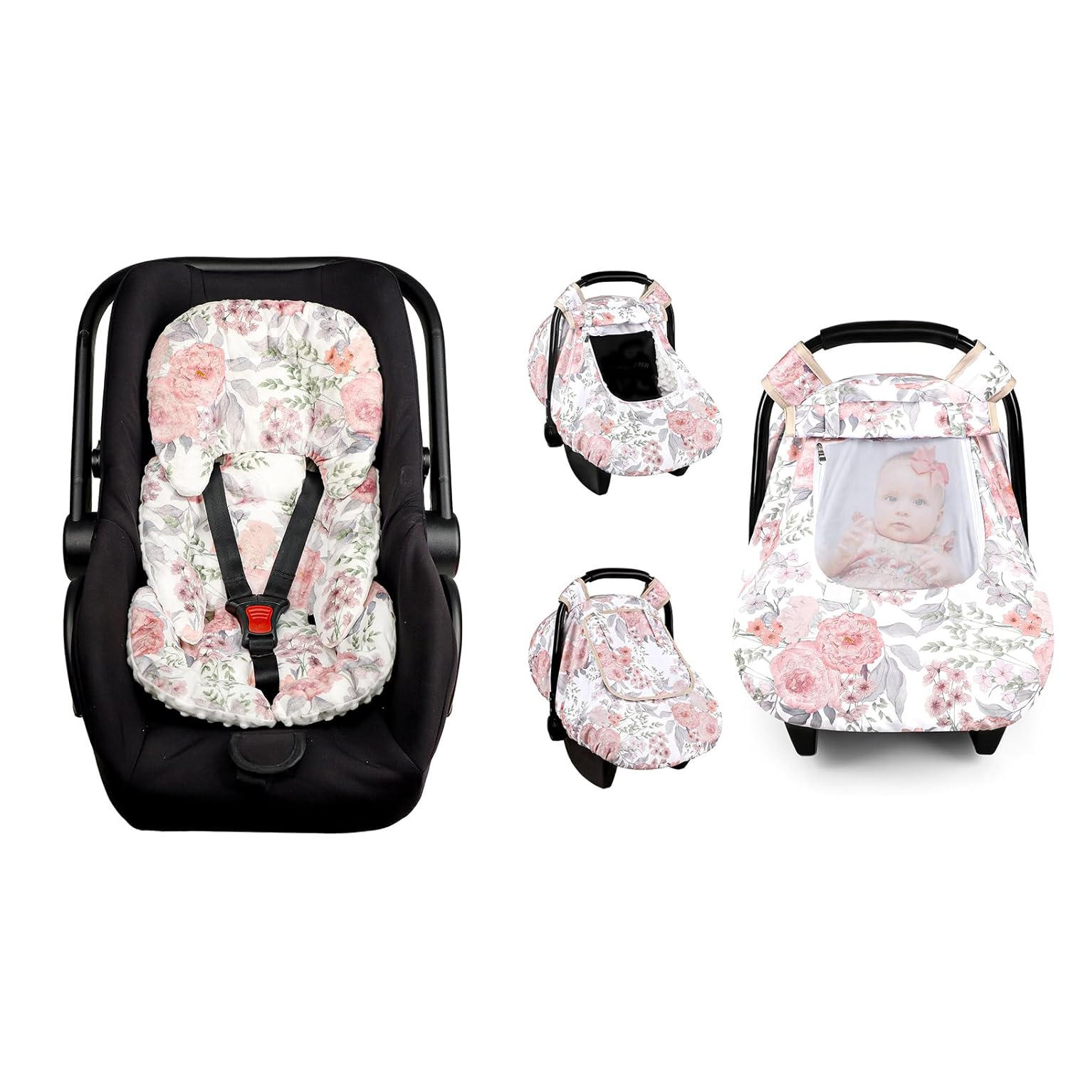 Car Seat Cover Baby, HNHUAMING Infant Car Seat Covers Canopy for Babies Girls, Infant Car Seat Insert, eversible Preemie Carseat Insert Cushion, Pink