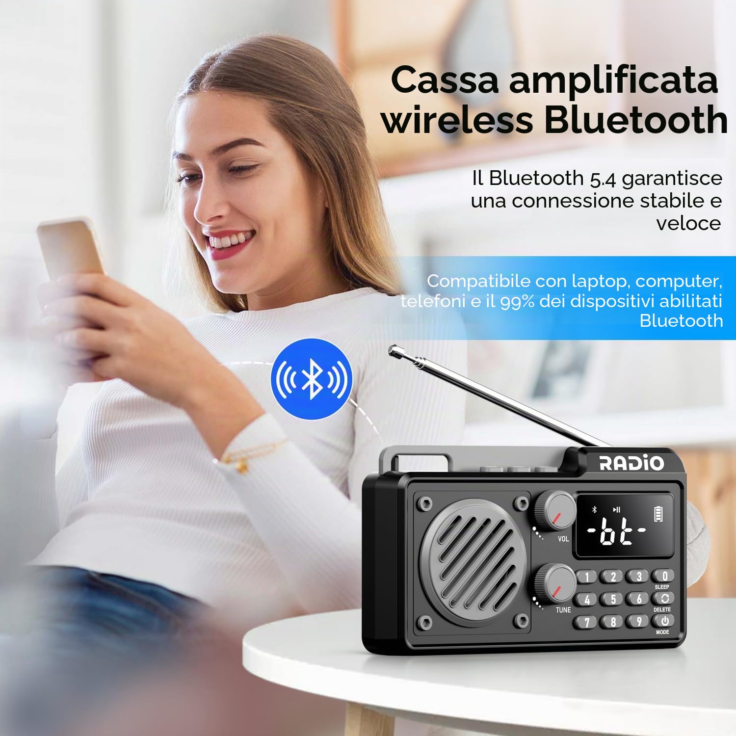 Radio Portatile AM/FM/SW con Bluetooth Piccola Radio Ricaricabile con Altoparlante, Funzione Timer e Porte USB/TF/AUX Per Cucina, Camera da Letto e All'aperto