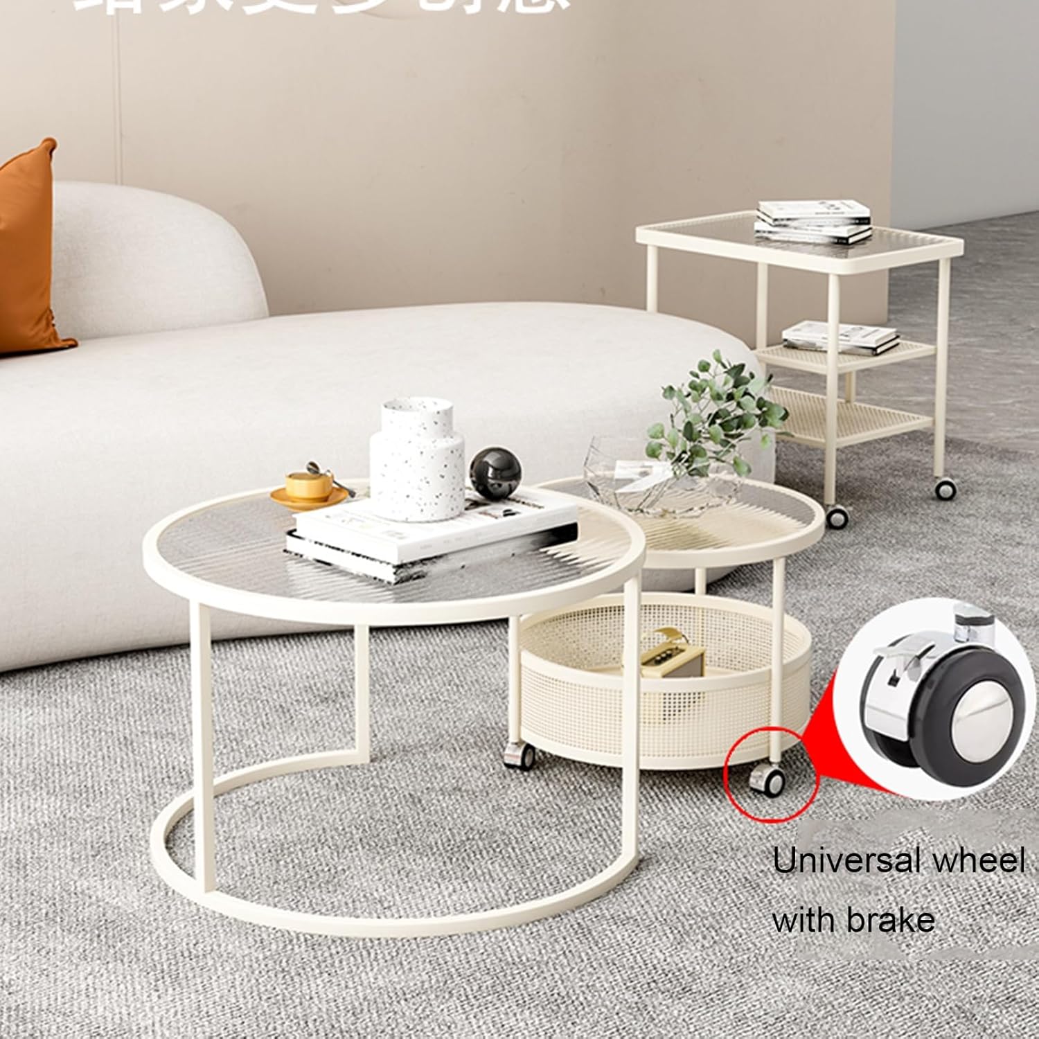 White Nesting Coffee Table Set of 2, Movable Stacking Side Tables, Modern Carbon Steel & Tempered Glass, Stylish Hollow Storage Design for Apartments