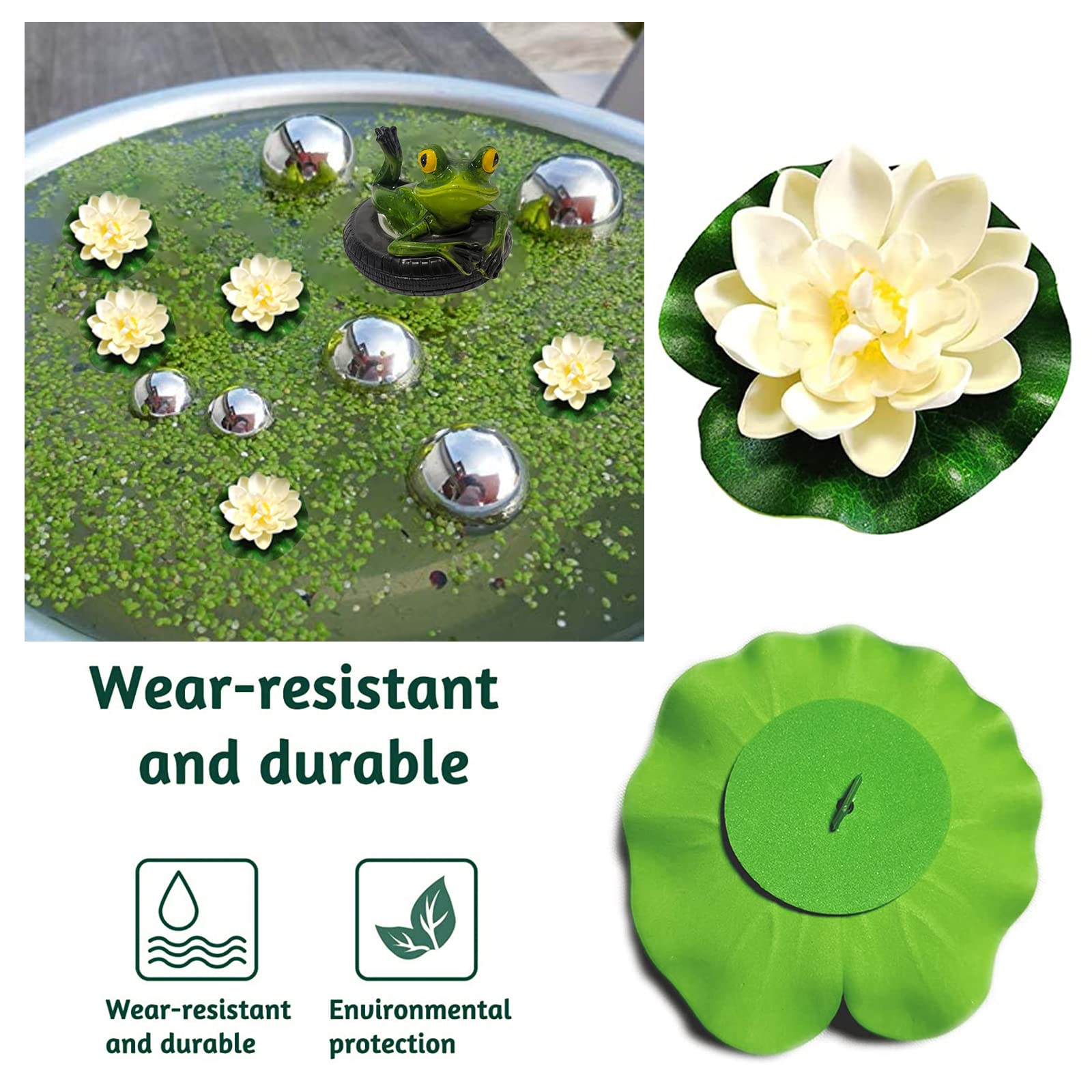Set de decoración para Estanque de jardín, Dos Ranas con Bolas de Plata y 2 Unidades de Flor de Loto como decoración de jardín para Estanque pequeño (Rana de Espalda)