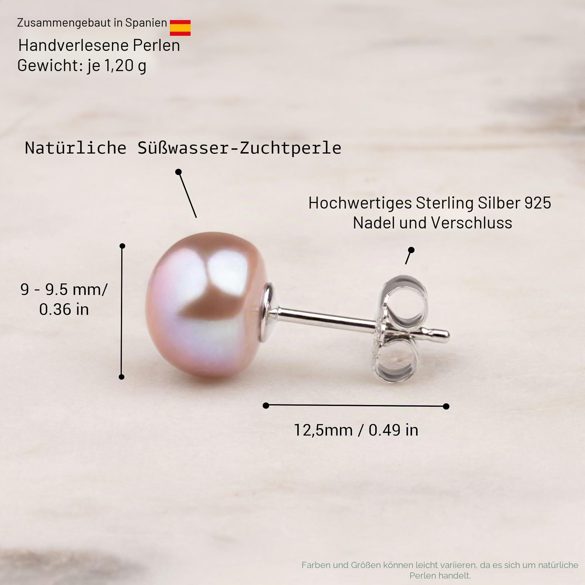 Damen Perlenohrringe Rosa Süßwasser Zuchtperlen Knopfform Lavendel Rosa Farbe SECRET & YOU - Perlen Ohrstecker Sterling Silber 925 - Erhältlich in 4 Größen von 8-11 mm