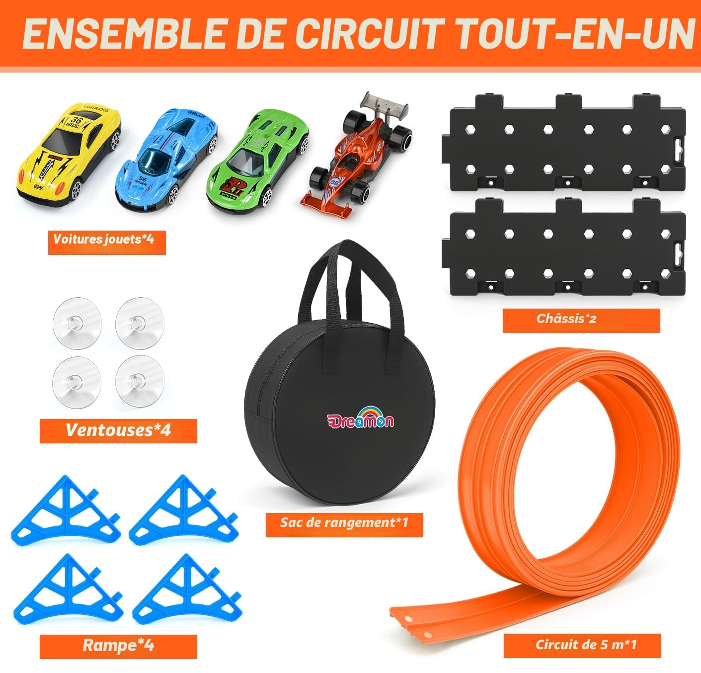 Dreamon Circuit Voiture Enfant 3 4 5 6 Ans - 5 Mètres Circuit Flexible Voiture Enfant avec Petites Voitures Rampe Sac de Rangement Ventouse Cadeau pour Garçons Filles