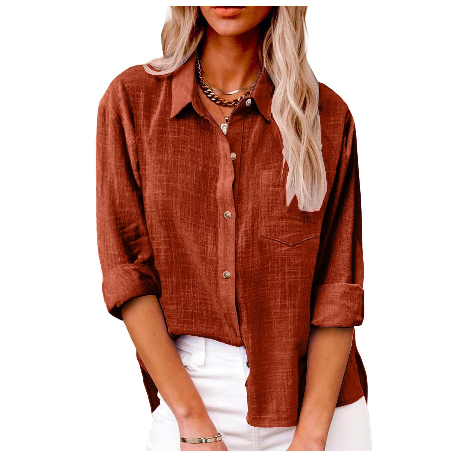 Camisas de lino de manga larga para mujer 2026 a la moda, con abertura lateral, verano, con botones, de gasa, de algodón, con solapa, casual, túnicas de muselina, cuello novio, playa, color sólido