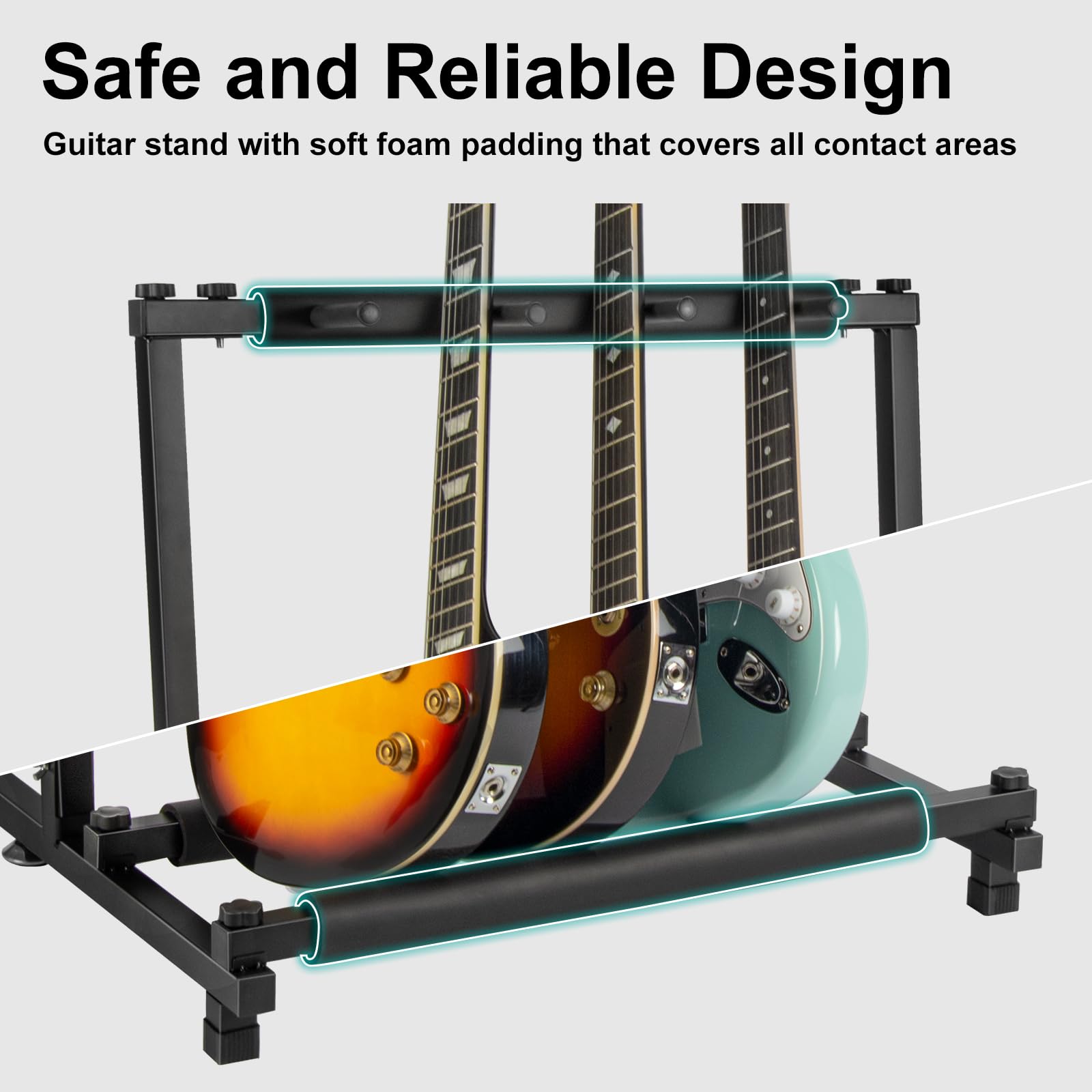 AODSK Gitarrenständer für 3 verschiedene Gitarren mit klappbarem Design, tragbarer schwarzer Gitarrenhalter, schwarzer Gitarrenständer für Gitarre und Bass, Studio und Zuhause (3 Gitarren)