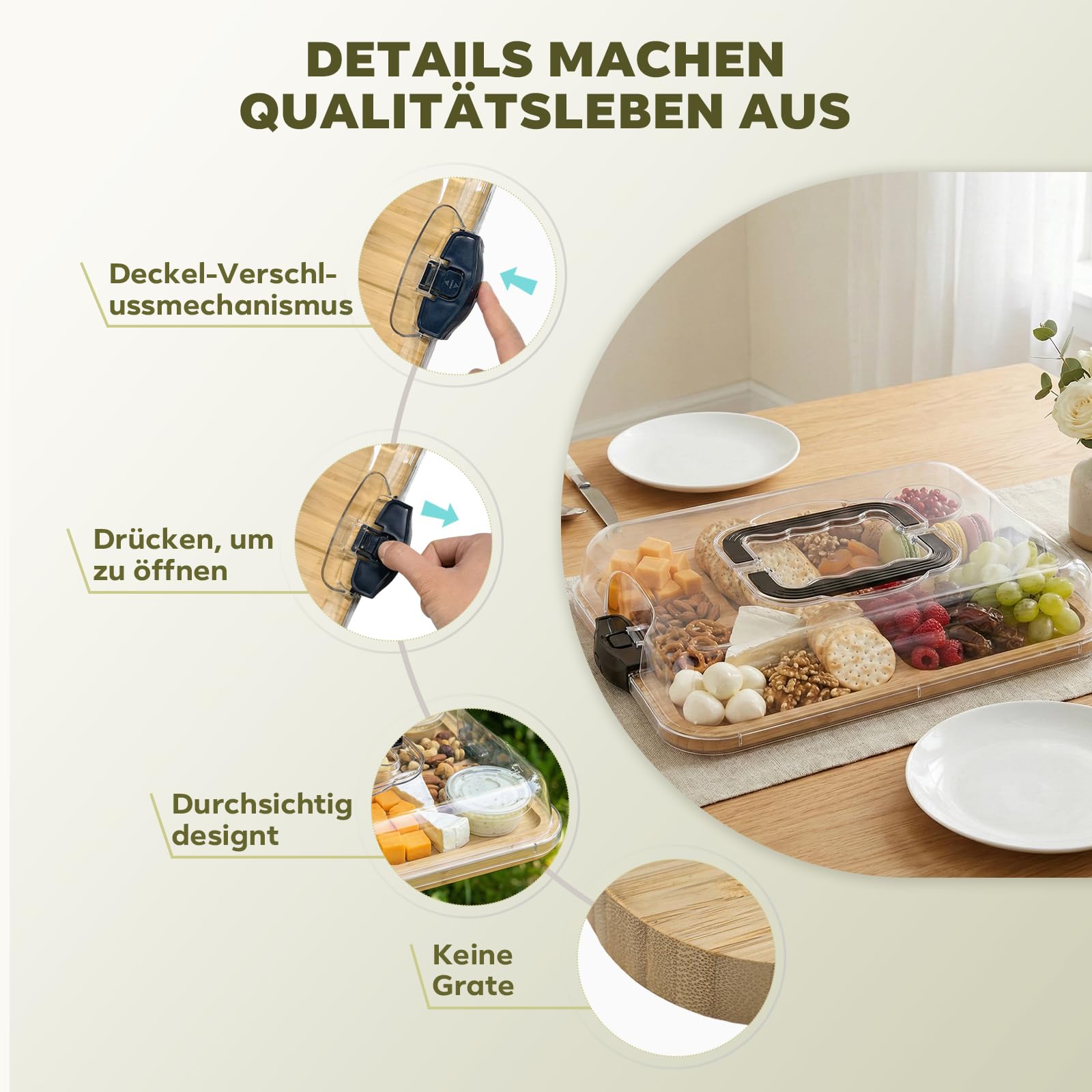 Bambus Käseplatte Charcuterie Board mit Deckel – Tragbares Käsebrett mit 6 Fächern, Holzbrett mit Käseglocke aus PET, Servierplatte für Käse, Wurst & Snacks – Ideal für Picknick, Reise & Brunch