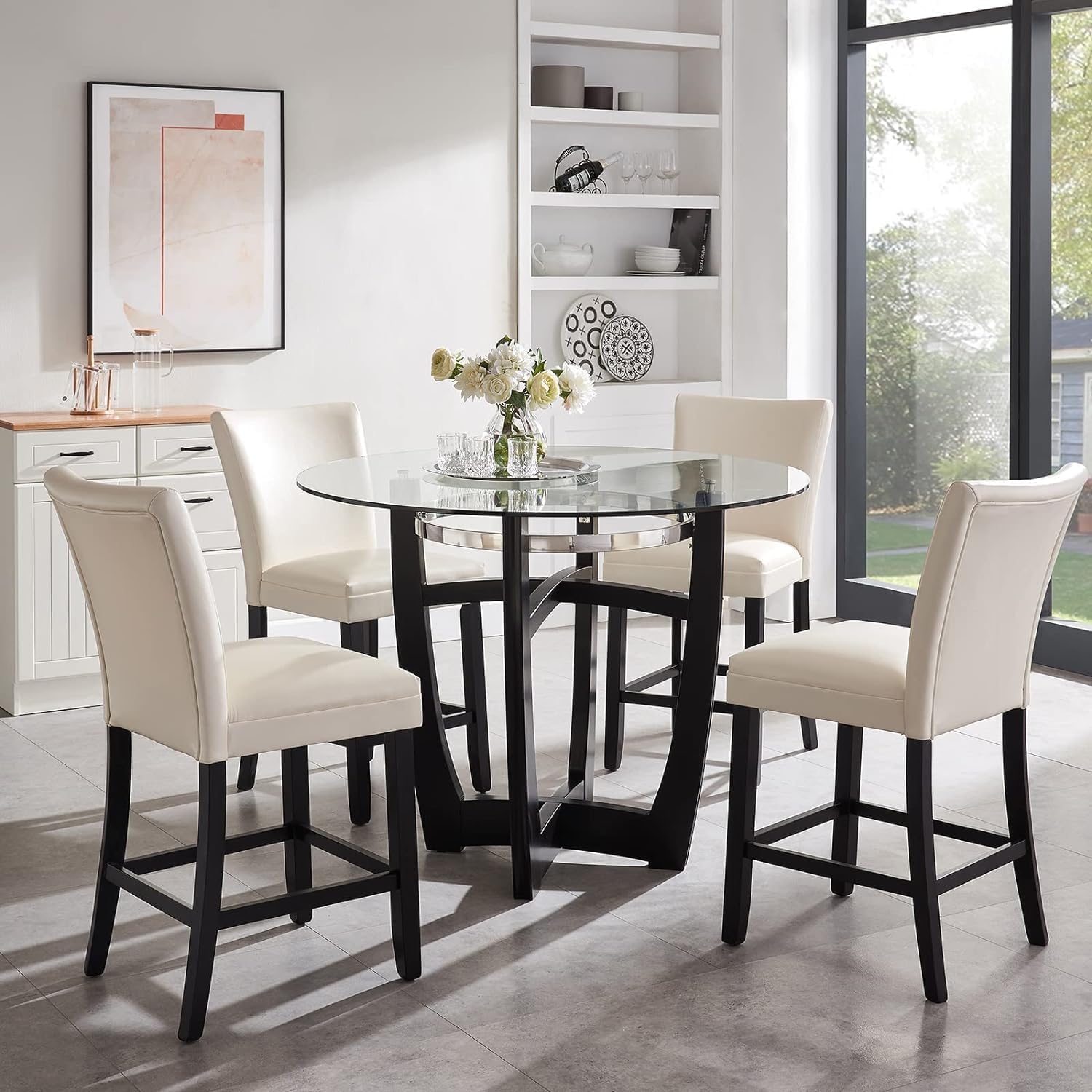 Set of 4 Counter Height Bar Stools, 25.6" Seat Height, White Faux Leather with Back, Solid Wood Frame, Ideal for Kitchen Island or Home Bar