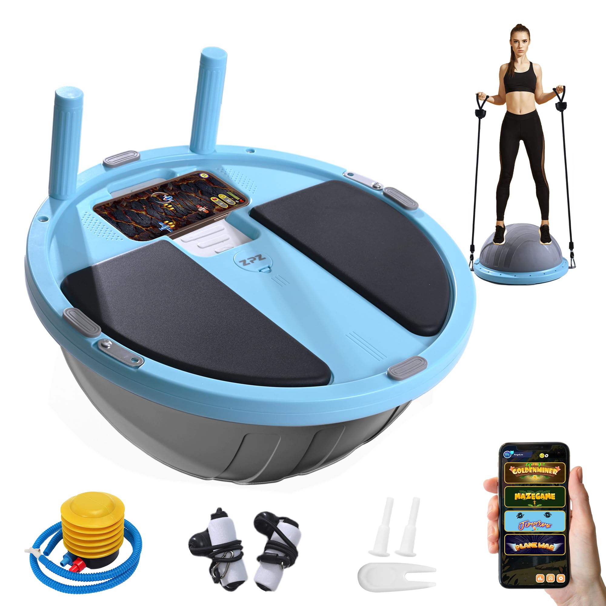 ZPZ Half Balance Ball Trainer, 18.3 Inch Compact Portable Inflatable Exercise Yoga Stability Ball with App-Based Balance Game, Pilates Resistance Bands, Foot Pump, Non-Slip Base for for Full-Body Workouts, Home Gym & Easy Storage (Blue)