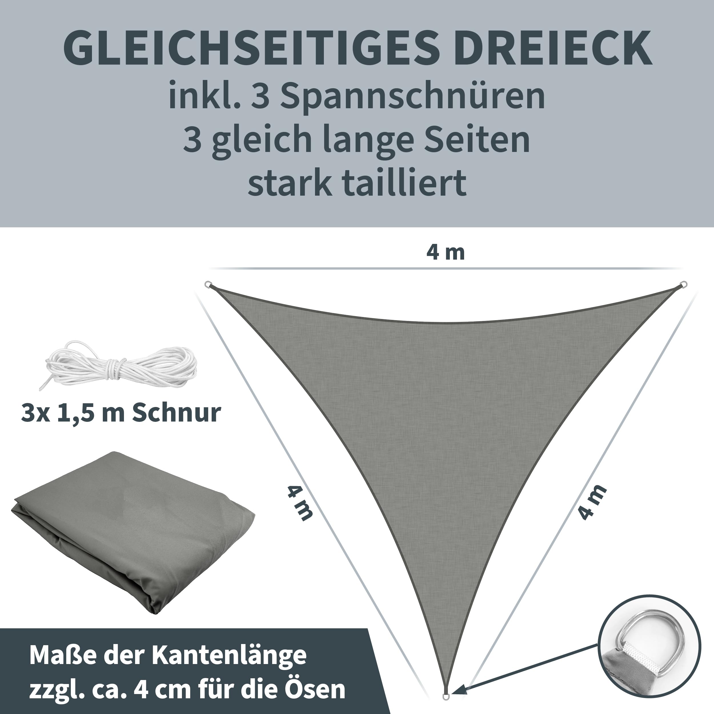 TTL GARDEN 4x4x4m Sonnensegel Dreieck gleichseitig anthrazit - Premium Polyester 300D 160g/m² 93% Abschattung - Sonnenschutz & Wetterschutz für Garten, Balkon & Terrasse, mit 3X Schnur 1,5m