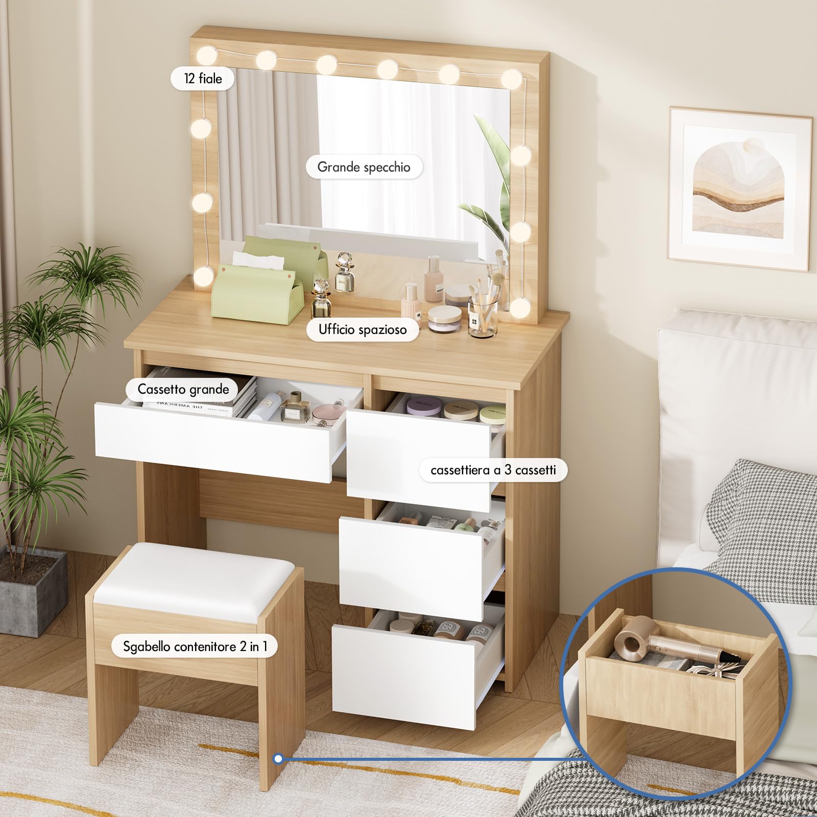 ALFORDSON Scrivania da trucco con specchio e luci, set da trucco da 90 cm con 4 cassetti e sgabello portaoggetti, luci LED regolabili, tavolo da toeletta per camera da letto di donne e ragazze, Legno