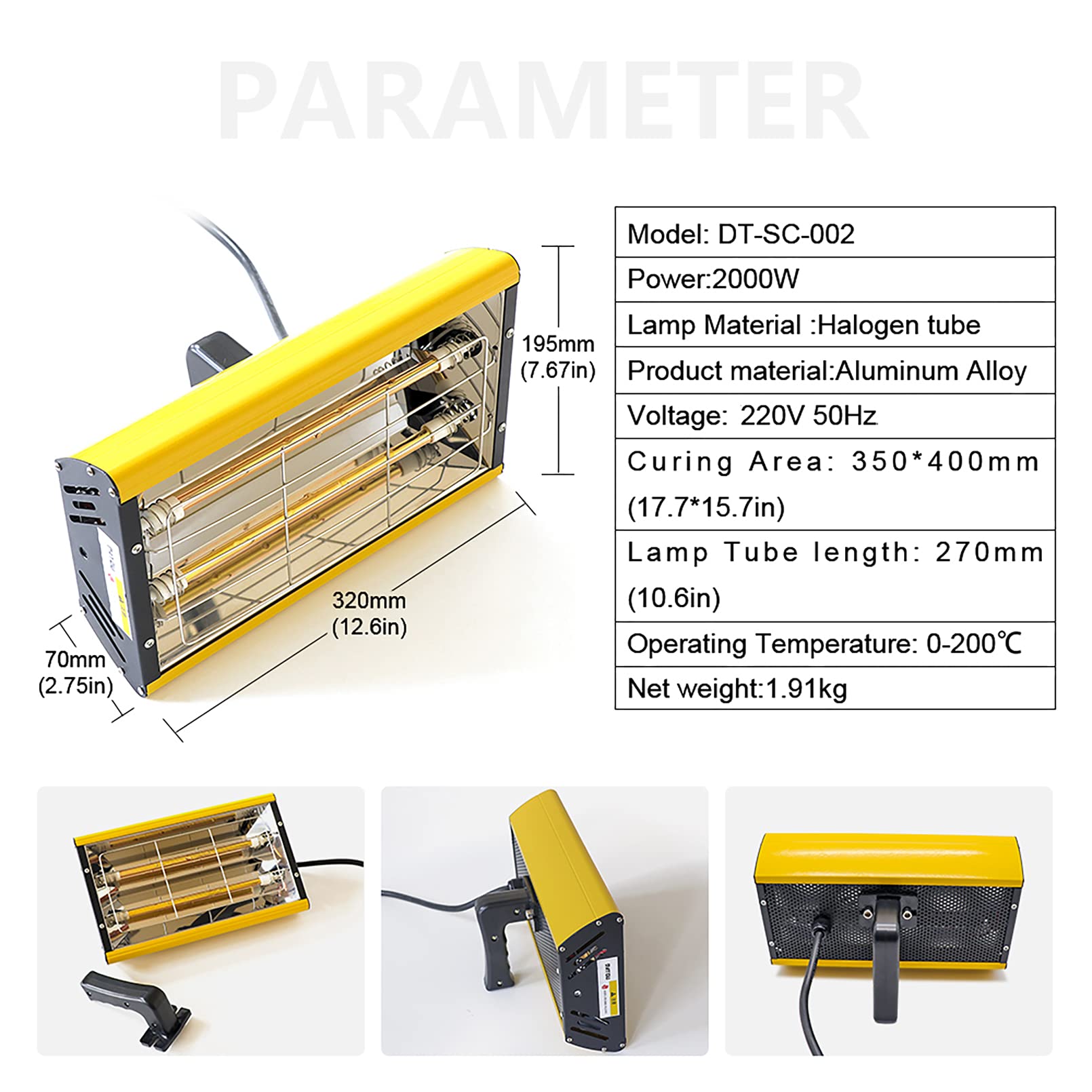 DATOUBOSS 2000W Calentador infrarrojo para reparación de carrocerías de Coche secador de lámpara de Pintura Lámpara de Secado de Pintura de Carrocería de Coche Elevable