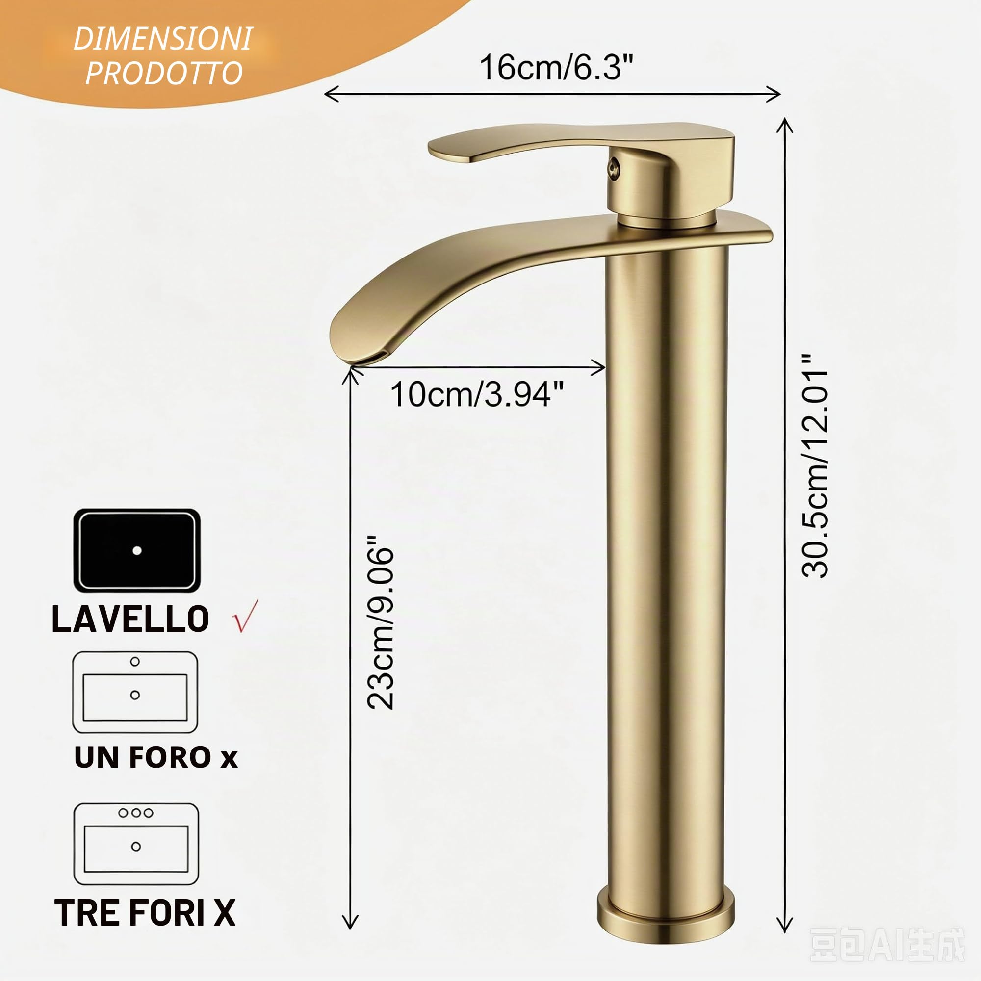 Moderno rubinetto da cucina a cascata, beccuccio alto in oro spazzolato, corpo in ottone con connettori da 3/8", miscelatore monocomando per lavabo