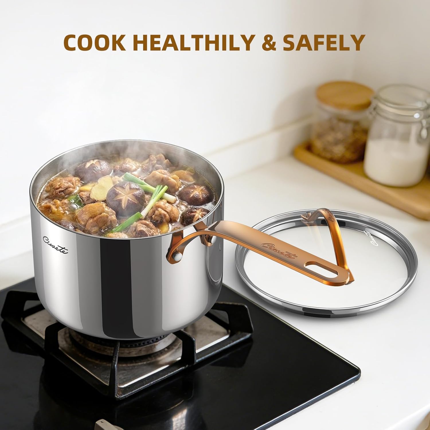 3 Quart Sauce Pan with Lid, Upgraded Tri-Ply Stainless Steel Saucepan with Mirror Polishing and 2 Scales, Induction Ready Cooking Pot with Stay-Cool Brass Handle, Dishwasher & Oven Safe
