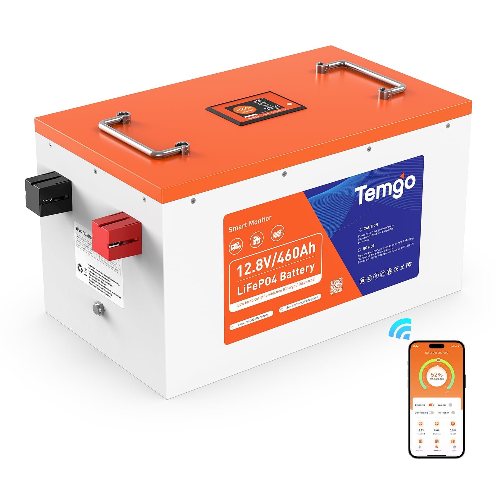 TEMGO 12V 460Ah LiFePO4 Lithium Battery with Touchable Screen, APP Monitoring, Built-in 300A BMS, Max. 3840W Load Power, 5888Wh Usable Energy, 5000+ Cycles, Perfect for RV/Camper, Solar, and Off-Grid