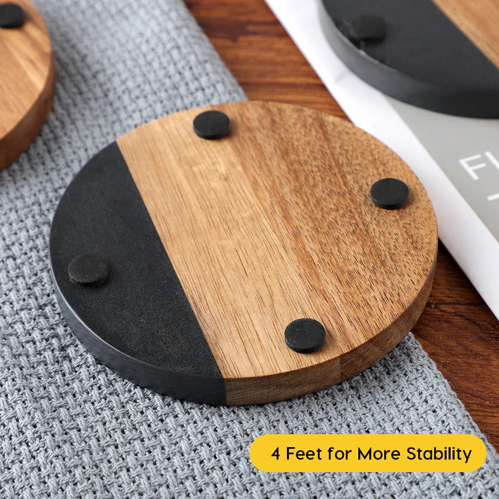 Juego de 4 posavasos de madera de acacia pizarra para bebidas, modernos posavasos de madera rústica para bebidas, mesa de café, mesa de comedor, escritorio, Navidad, inauguración de la casa, 5