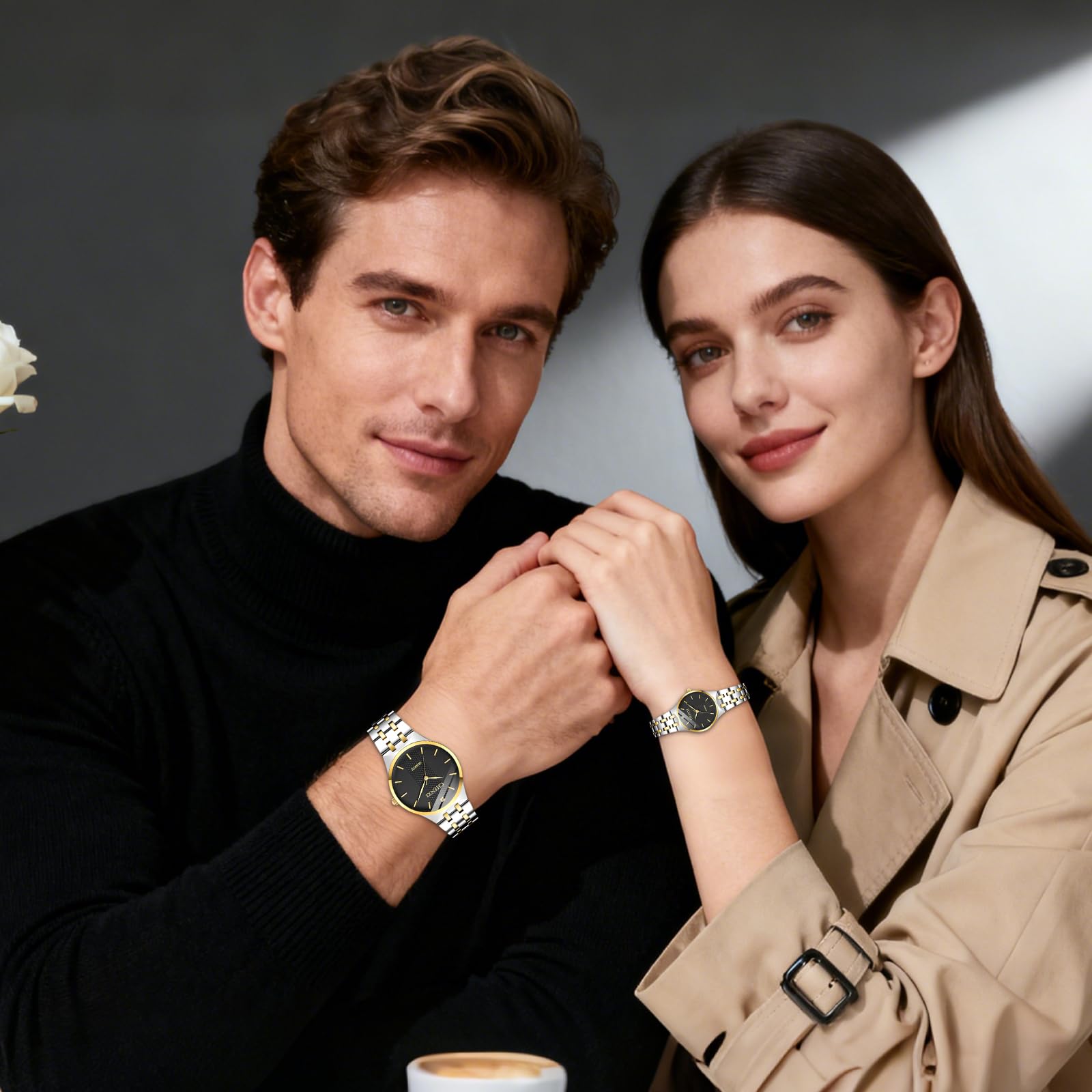 JewelryWe Para analogowych zegarków kwarcowych z kalendarzem, wodoodporny 30 m, bransoletka ze stali nierdzewnej, dla mężczyzn i kobiet, z tarczą ze strasu