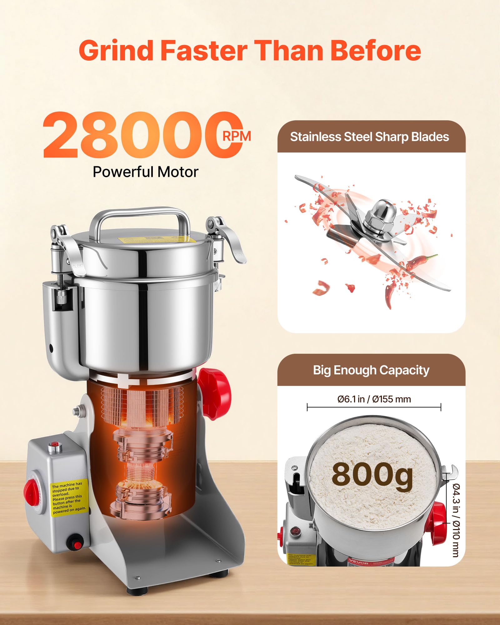 VEVOR Elektrische Getreidemühle 800 g, Getreidemühle 2100 W Edelstahl, Gewürzmühle für Trockenes Getreide Gewürze Müsli Kaffee Mais Pfeffer, Schwenktyp Pulverisiermaschine 220x190x375 mm
