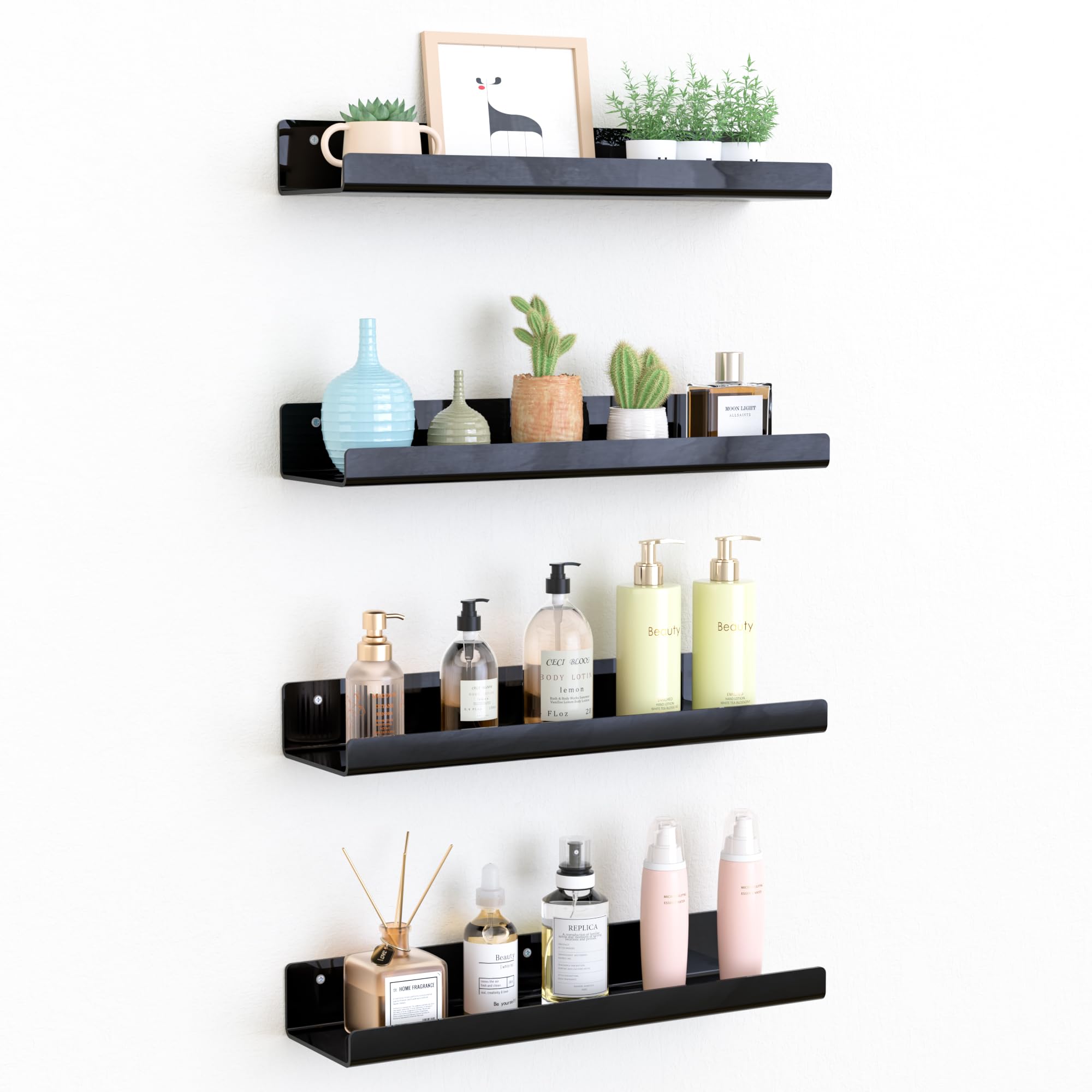 upsimples Acrylic Shelves for Wall Decor, 15" Display Shelf Perfume Organizer for Bathroom, Bedroom, Living Room, Floating Bookshelves for Kids, Black, 4 Pack