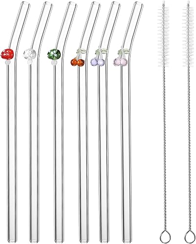 Miniatura 9 de Pajitas de leche, 6 popotes reutilizables con diseño de vidrio doblados con pajitas de limpieza coloridas para beber jugos de batidos, cócteles,